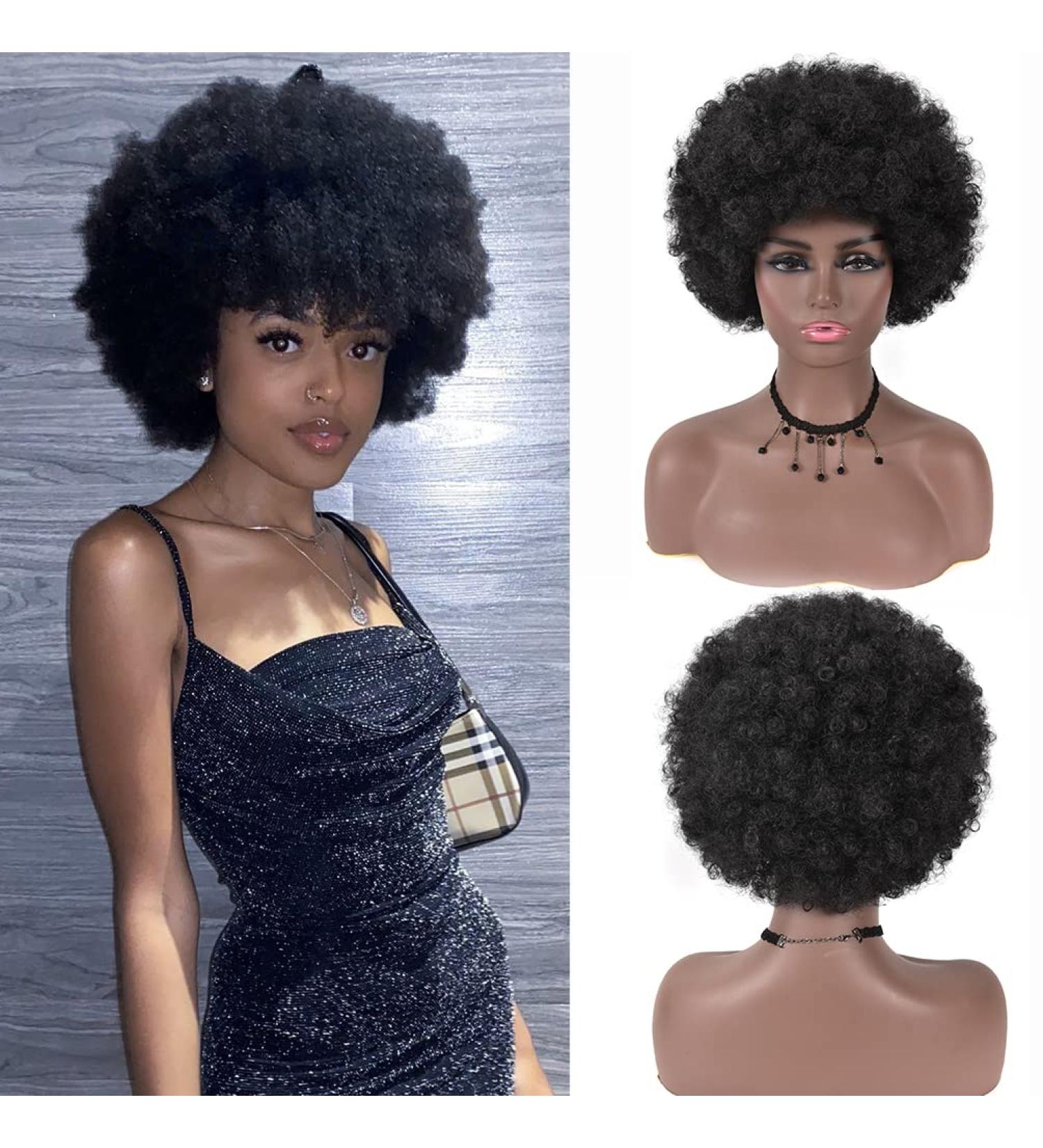 Short Afro Wig for Black Women - Big Bouncy Kinky Curly 70's Style - Premium Synthetic Natural Looking Soft Hair in 1B Black - Buy Online on GoSupps.com