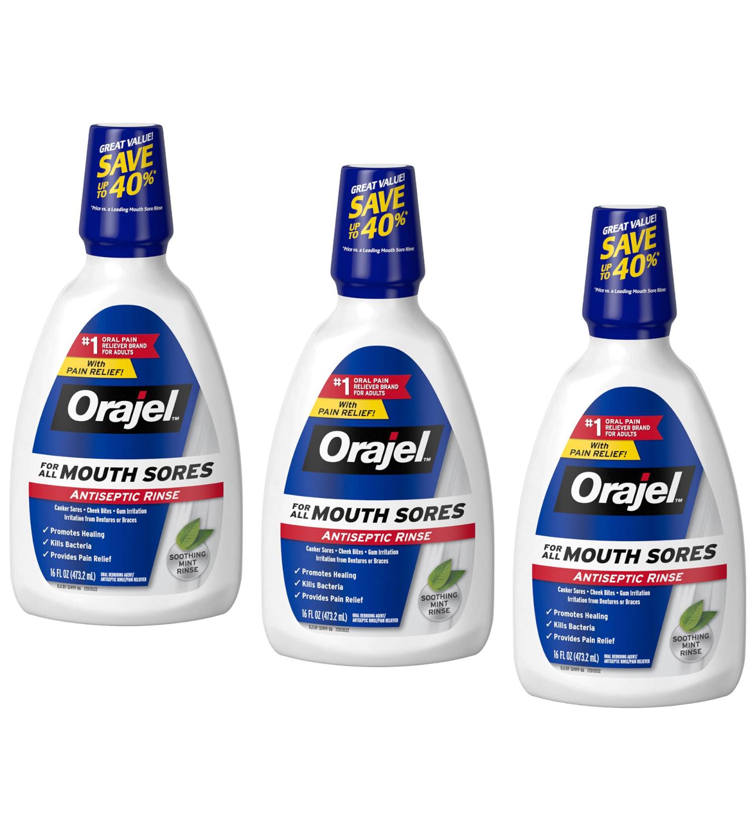 Orajel Antiseptic Mouth Sore Rinse 16 oz - Pack of 3 | Soothing Relief for Mouth Ulcers | Alcohol-Free Formula - Buy Online on GoSupps.com