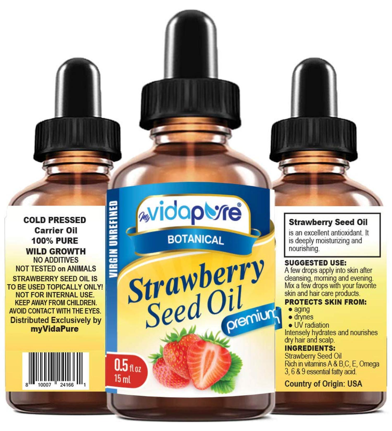 MYVIDAPURE STRAWBERRY SEED OIL 100% Pure Unrefined Virgin Cold Pressed. Moisturizer for Face Skin Hair Nails Scars Anti Aging Omega 6 Vitamin C (0.5 Fl Oz) 0.5 Fl Oz (Pack of 1) - Buy Online on GoSupps.com