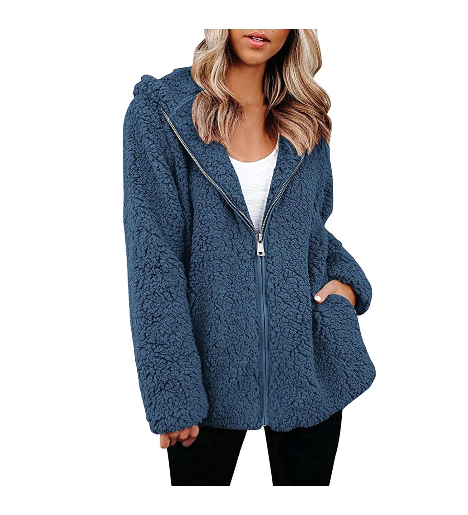 Hanxiulin Oversized Plush Hoodie Jacket - Women's Long Arm Winter Coat for Hiking & Transition - Art Fur XL Blue - Buy Online on GoSupps.com