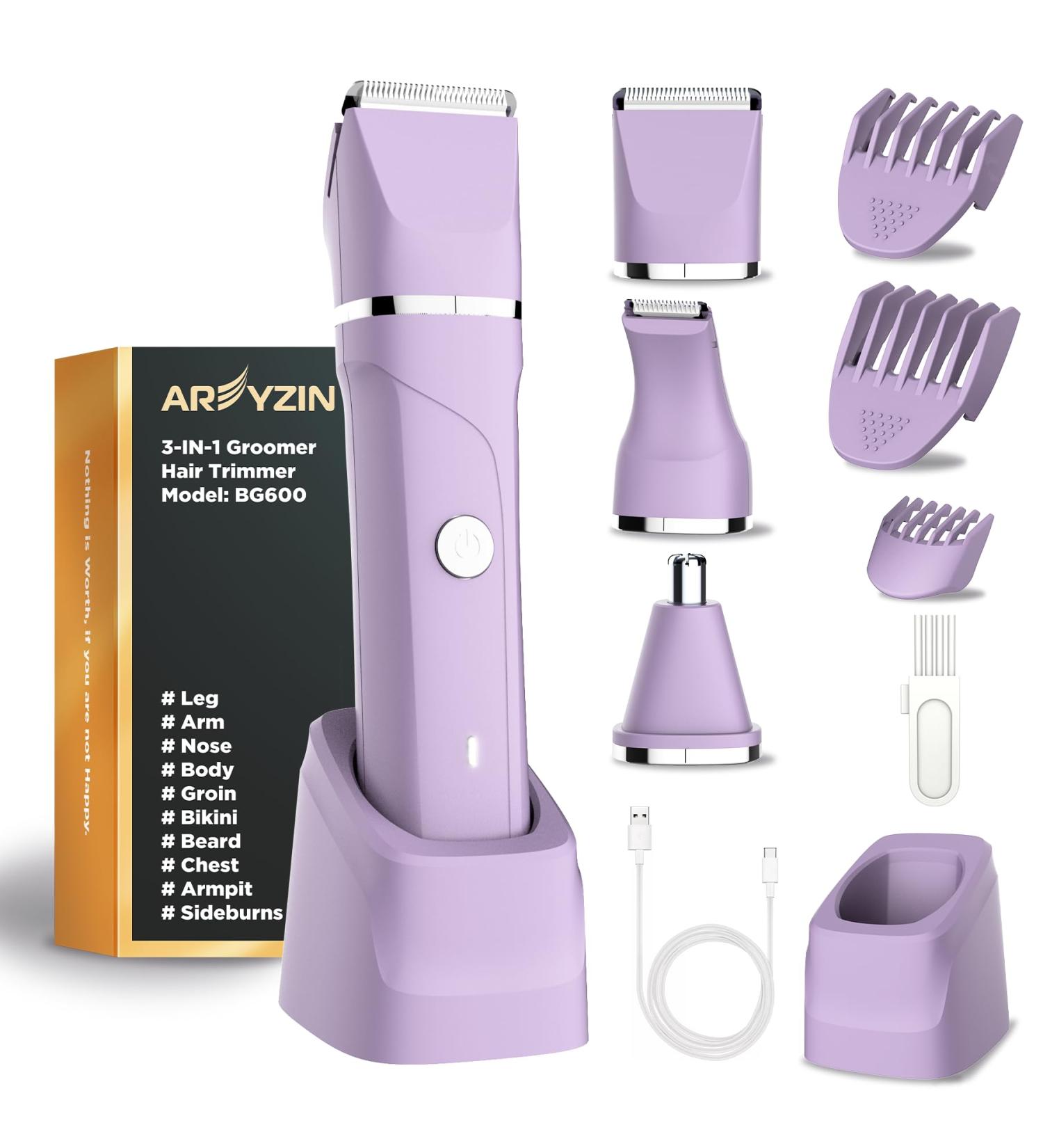 AREYZIN Bikini Trimmer for Women - Painless 3-in-1 Electric Razor & Personal Shaver Kits with USB Recharge Dock Replaceable Ceramic Blades IPX7 Waterproof - Purple - Buy Online on GoSupps.com