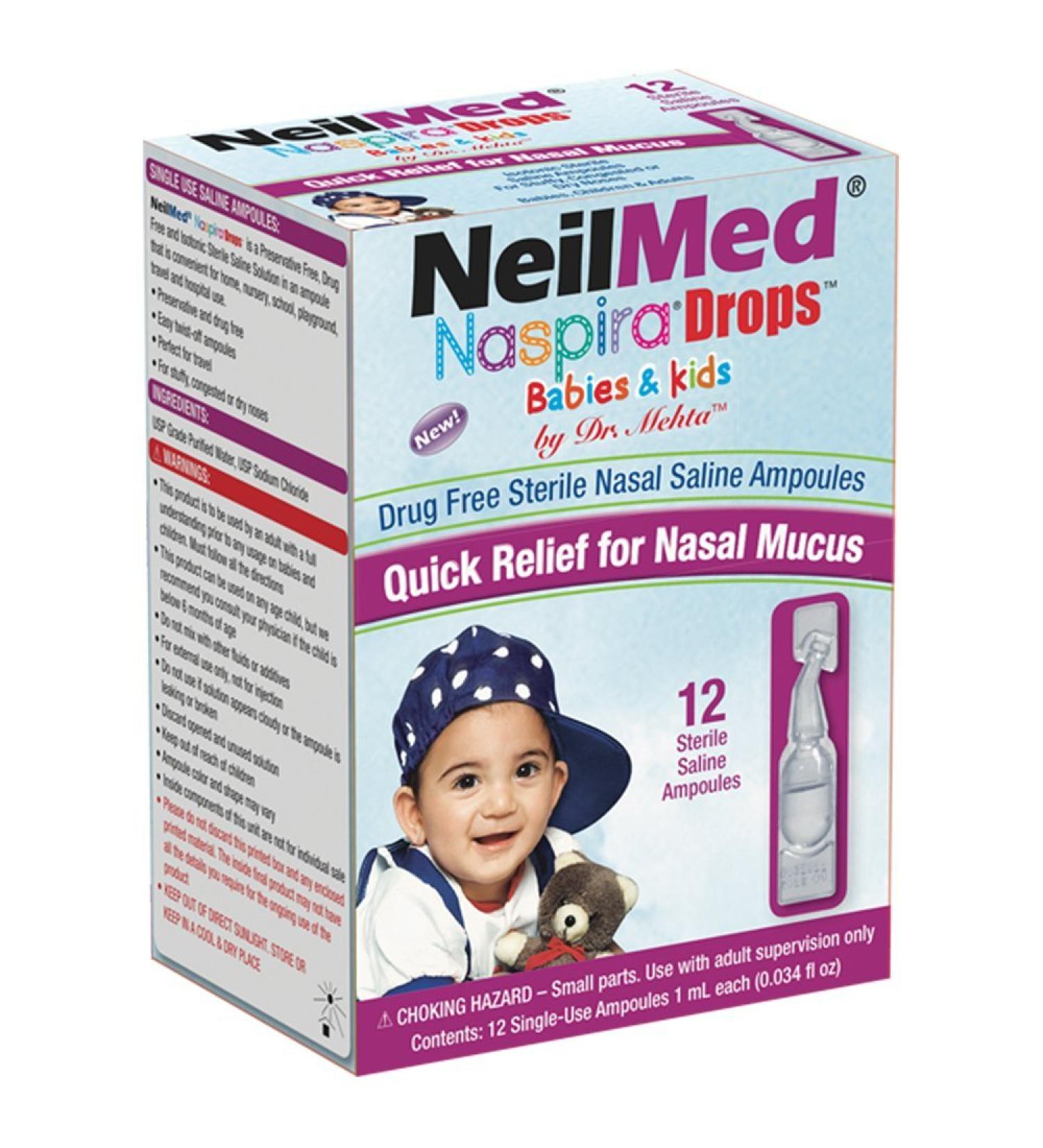 NeilMed Naspira Saline Drops for Babies & Kids - 12 Sterile Ampoules (1 ml Each) - Buy Online on GoSupps.com