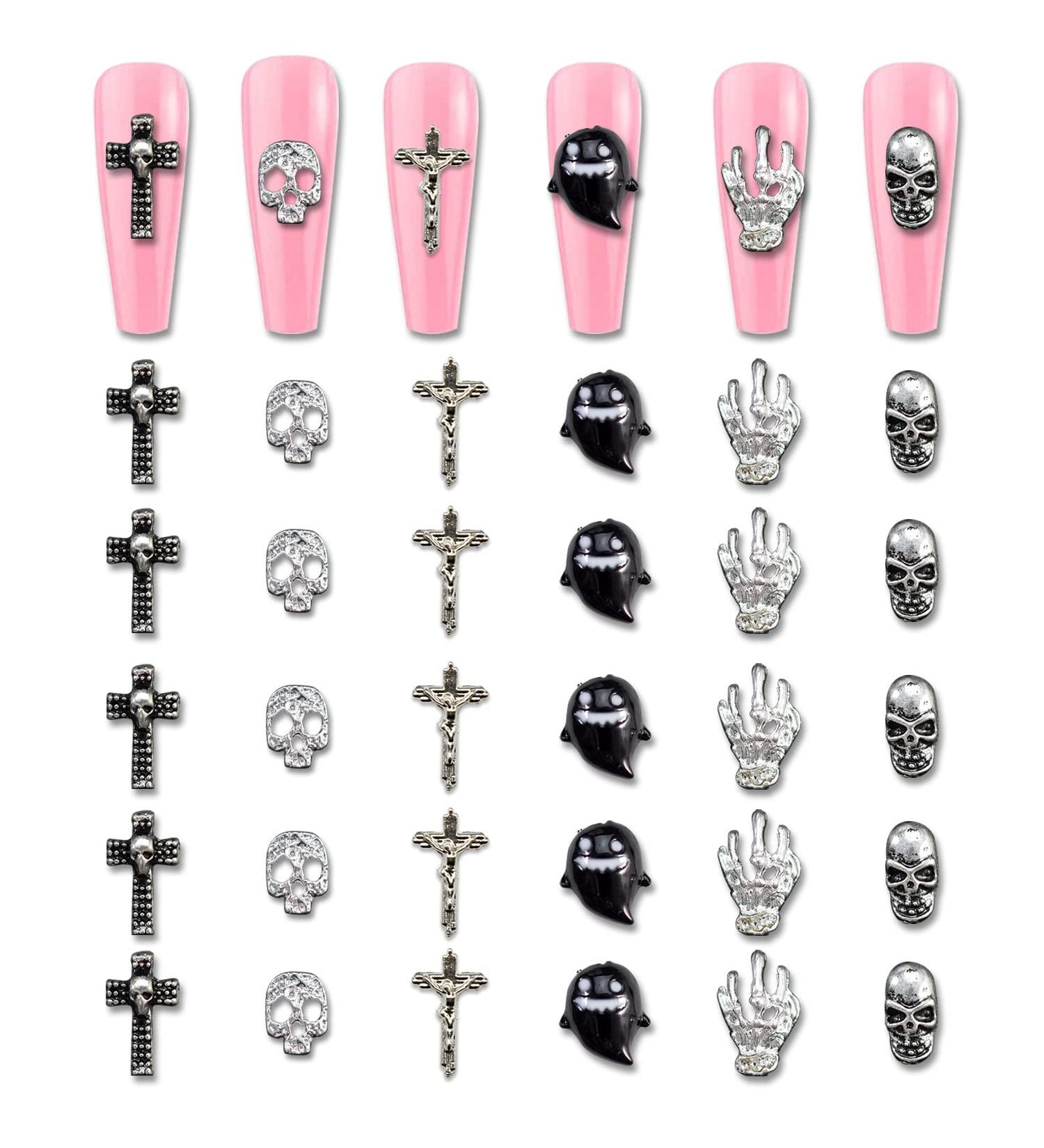 WOKOTO 30pcs Halloween 3D Nail Charms Set for Spooky Nail Art - Skull Spider Skeleton Hand Cross Metal Nail Studs Decorations for Acrylic Nails - Halloween Charms Kit - Buy Online on GoSupps.com