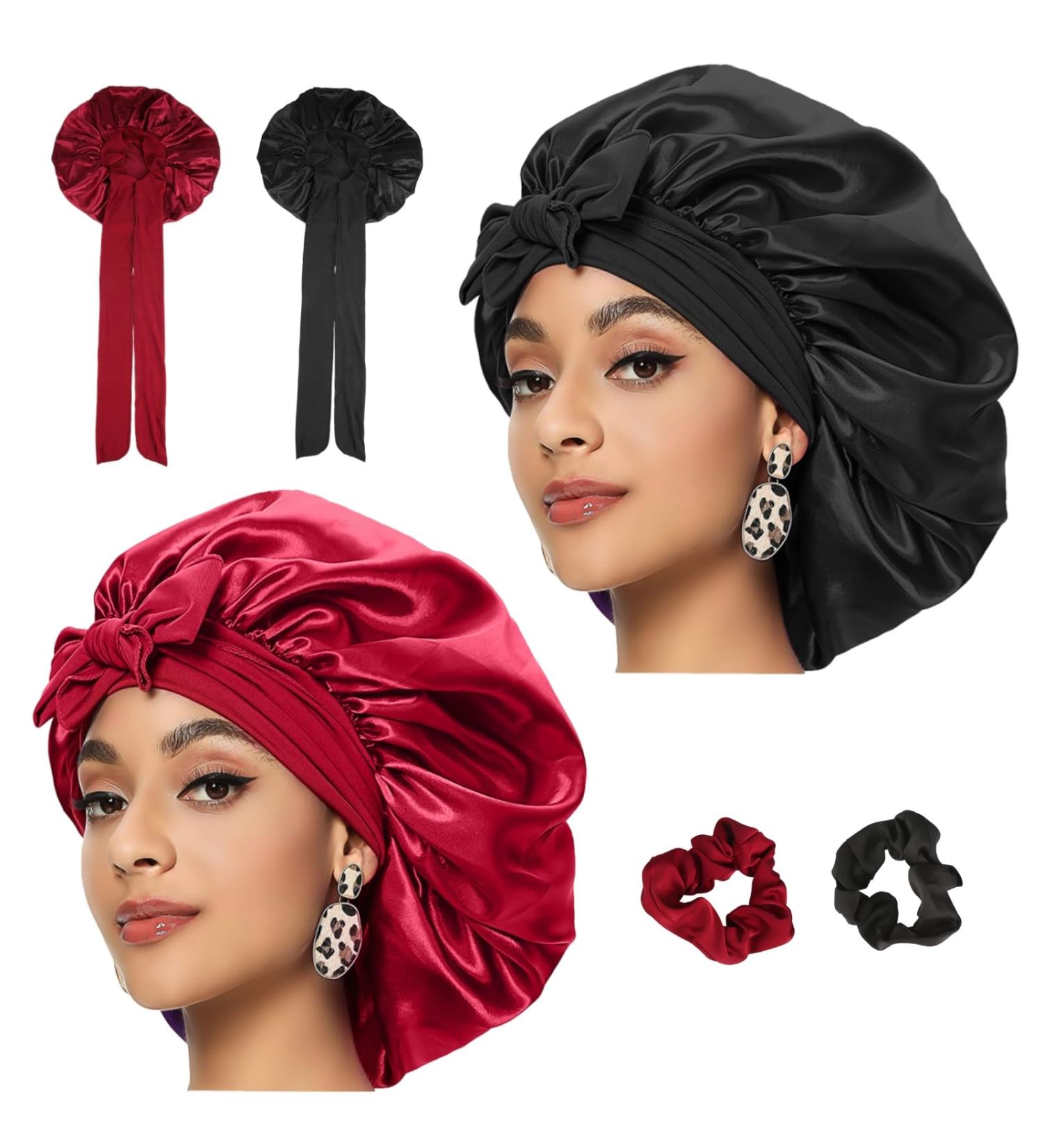 RVLZKCPG Silk Sleeping Caps - 2 Large Satin Bonnet Hoods for Hair Protection & Curl Care | Ideal Sleep Cap for Long Hair - Buy Online on GoSupps.com