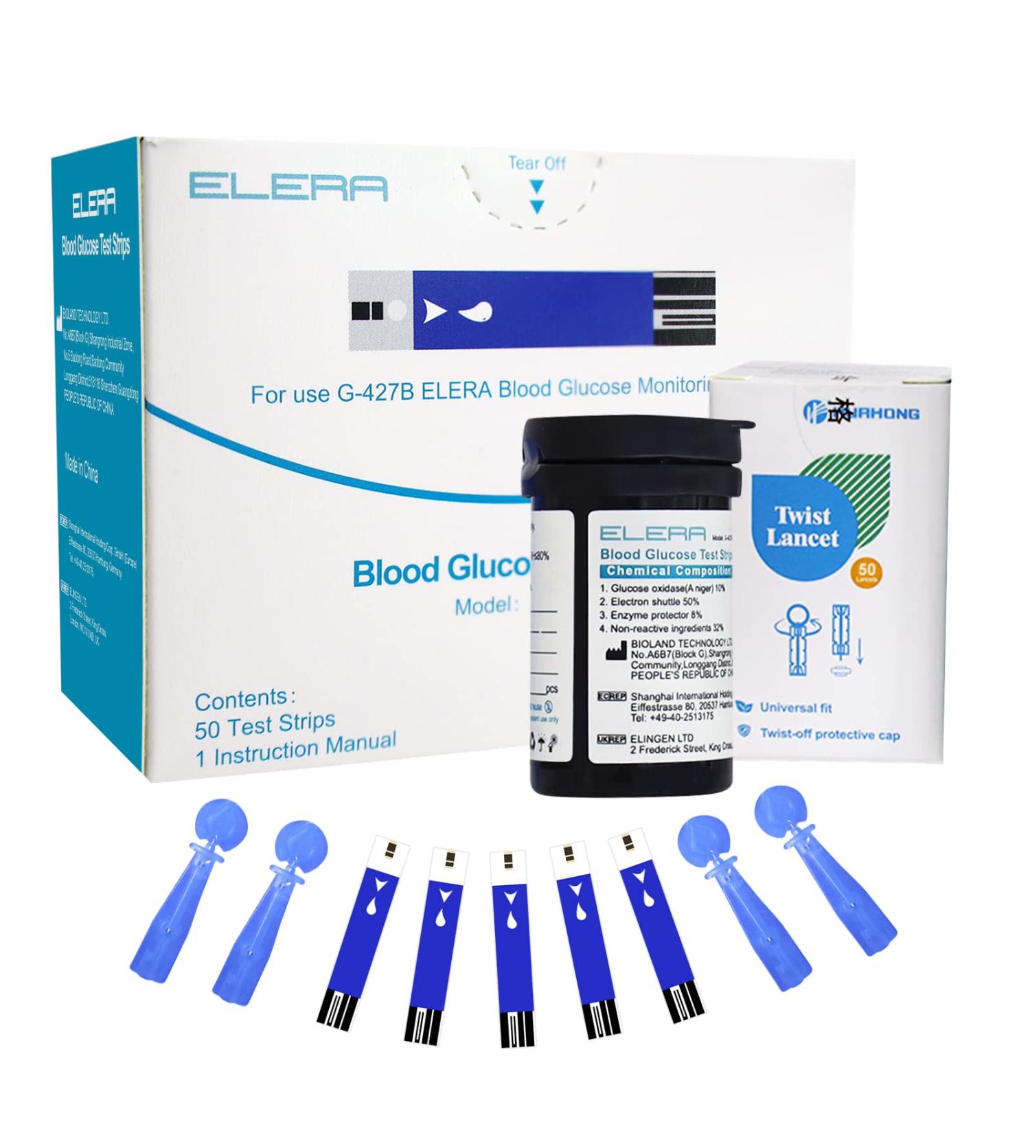 ELERA Blood Glucose Test Strips & Lancets 50 Count Pack for Diabetes - Compatible with G-427B Monitor - Buy Online on GoSupps.com