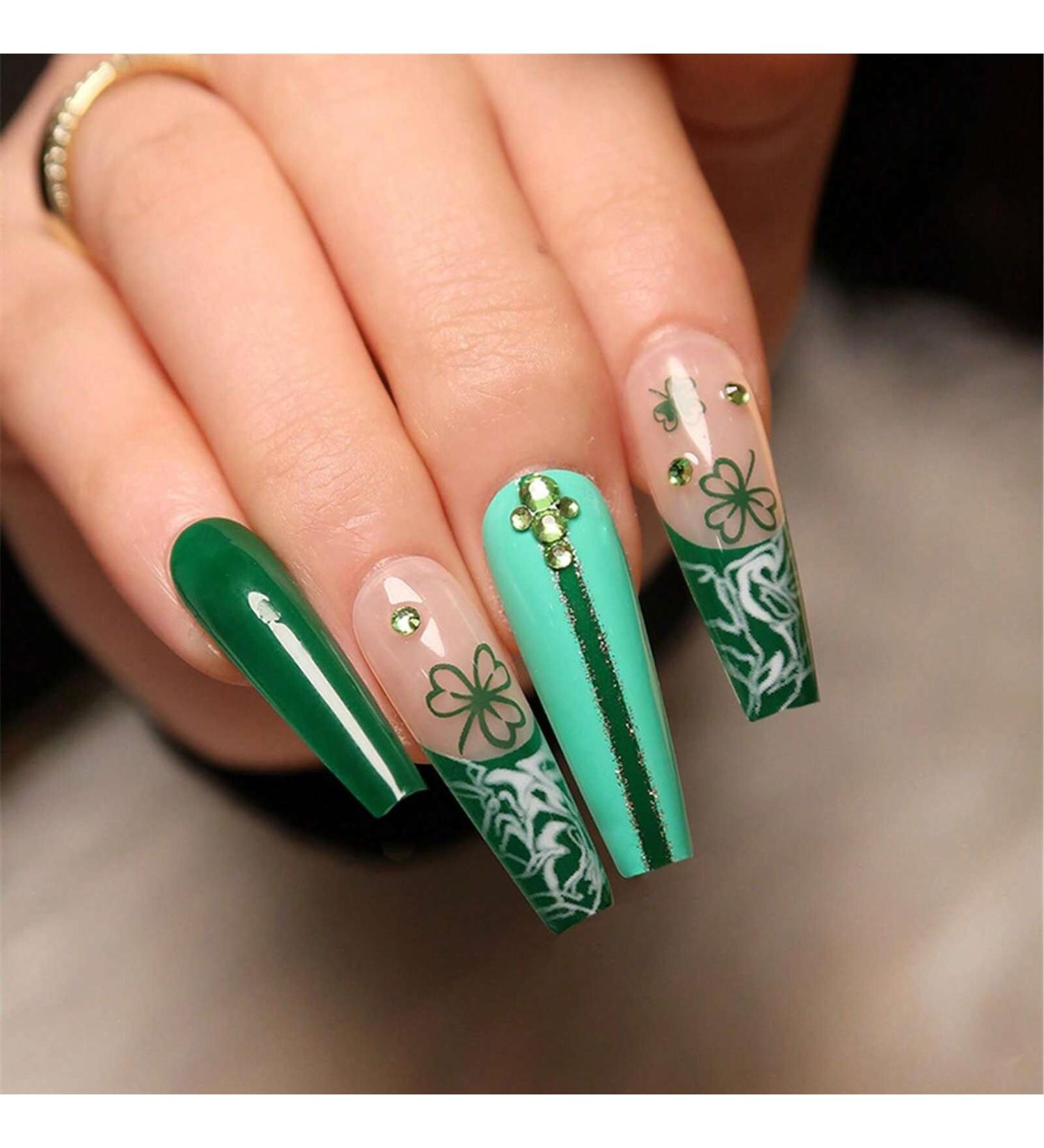 24pcs St. Patrick's Day Lucky French Press on Nails Leaf Clove Fake Nail Patrick's Day Long Coffin Nails Press on Nails Coffin Shape Nails For Women's - Buy Online on GoSupps.com