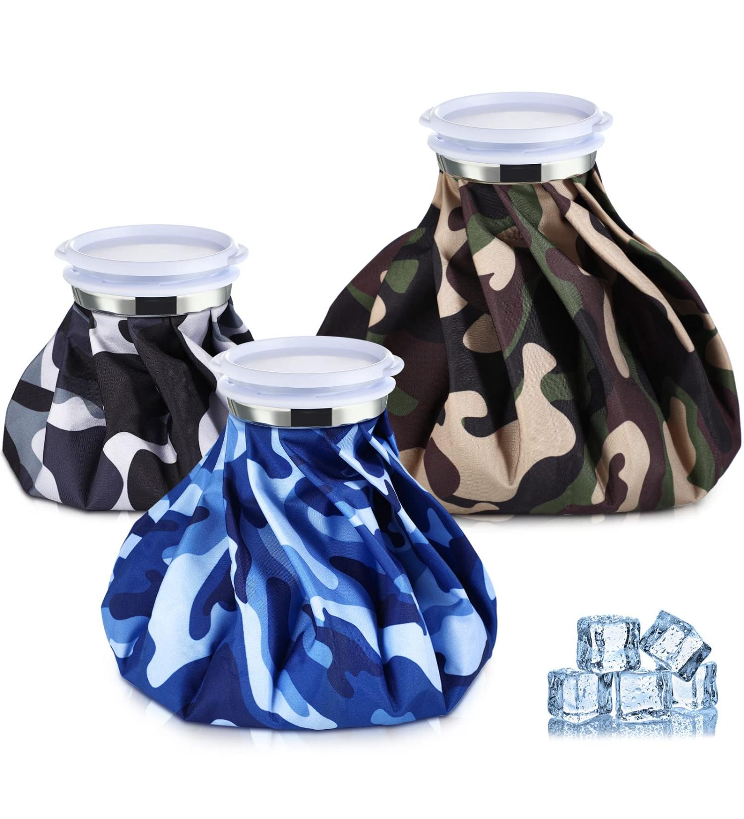 3-Piece Camouflage Style Ice Bag Pack for Injuries - 6, 9, 11 Reusable Hot/Cold Therapy Bags for Pain Relief - Ideal for Sports Injuries - Knee, Head, Leg - Screw Top Design - Buy Online on GoSupps.com