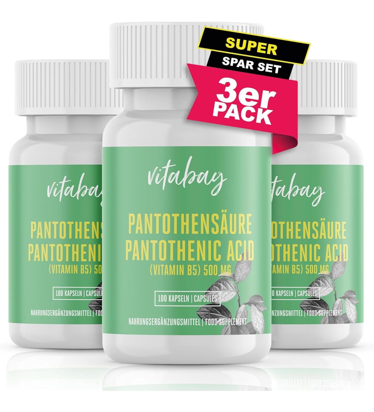 VITABAY Pantothenic Acid 500 mg - 300 Vegan Capsules | High Dose Vitamin B5 | Gastrointestinal Resistant | Purely Biological | Made in Germany - 3-Pack - Buy Online on GoSupps.com