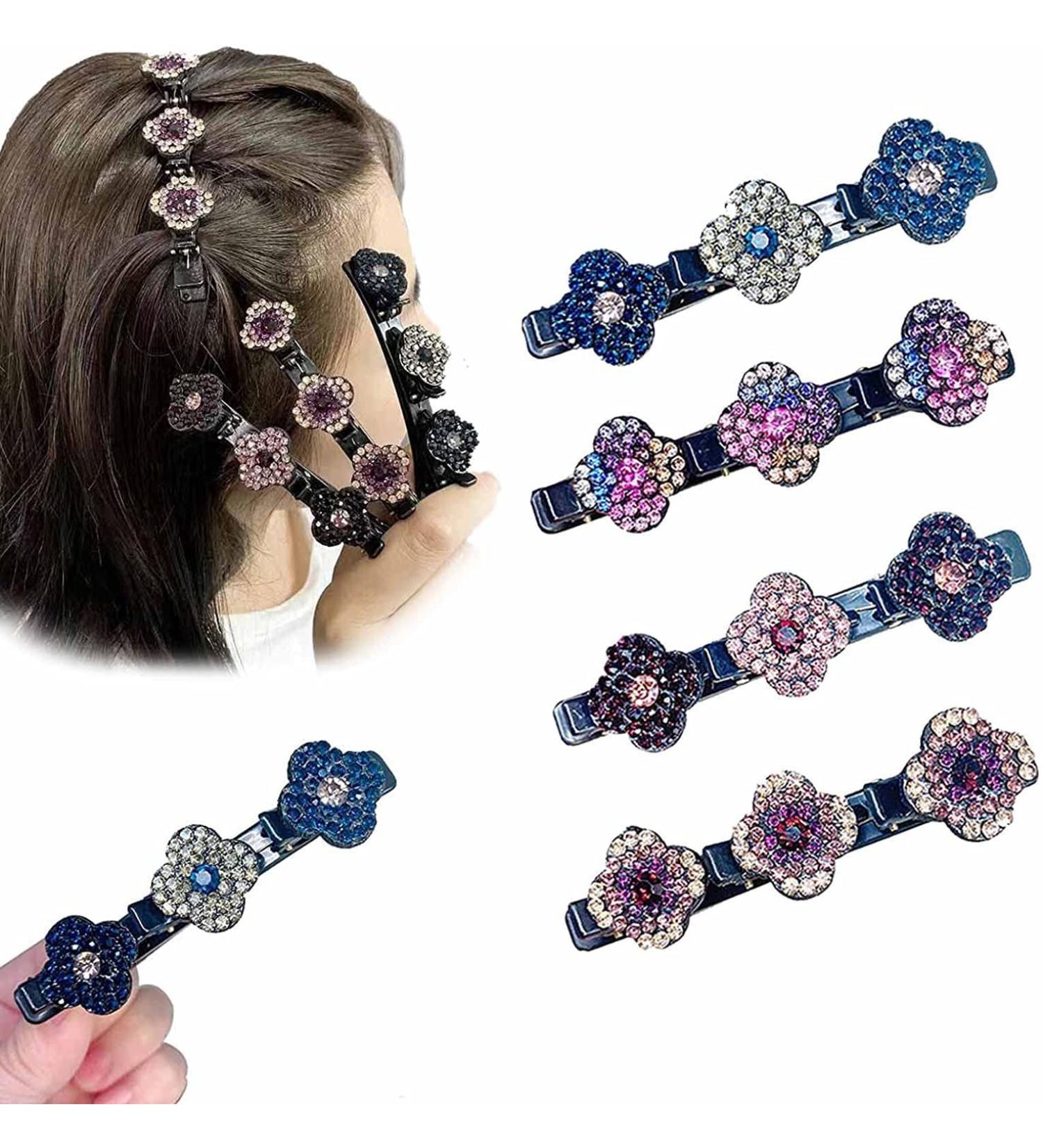 Hair Clips 4 Pack Sparkling Crystal Stone Braided Duckbill Clip Satin Fabric Hair Bands Rhinestone Hair Clips Braided Hair Clip with Rhinestones for Women/Girls - Buy Online on GoSupps.com