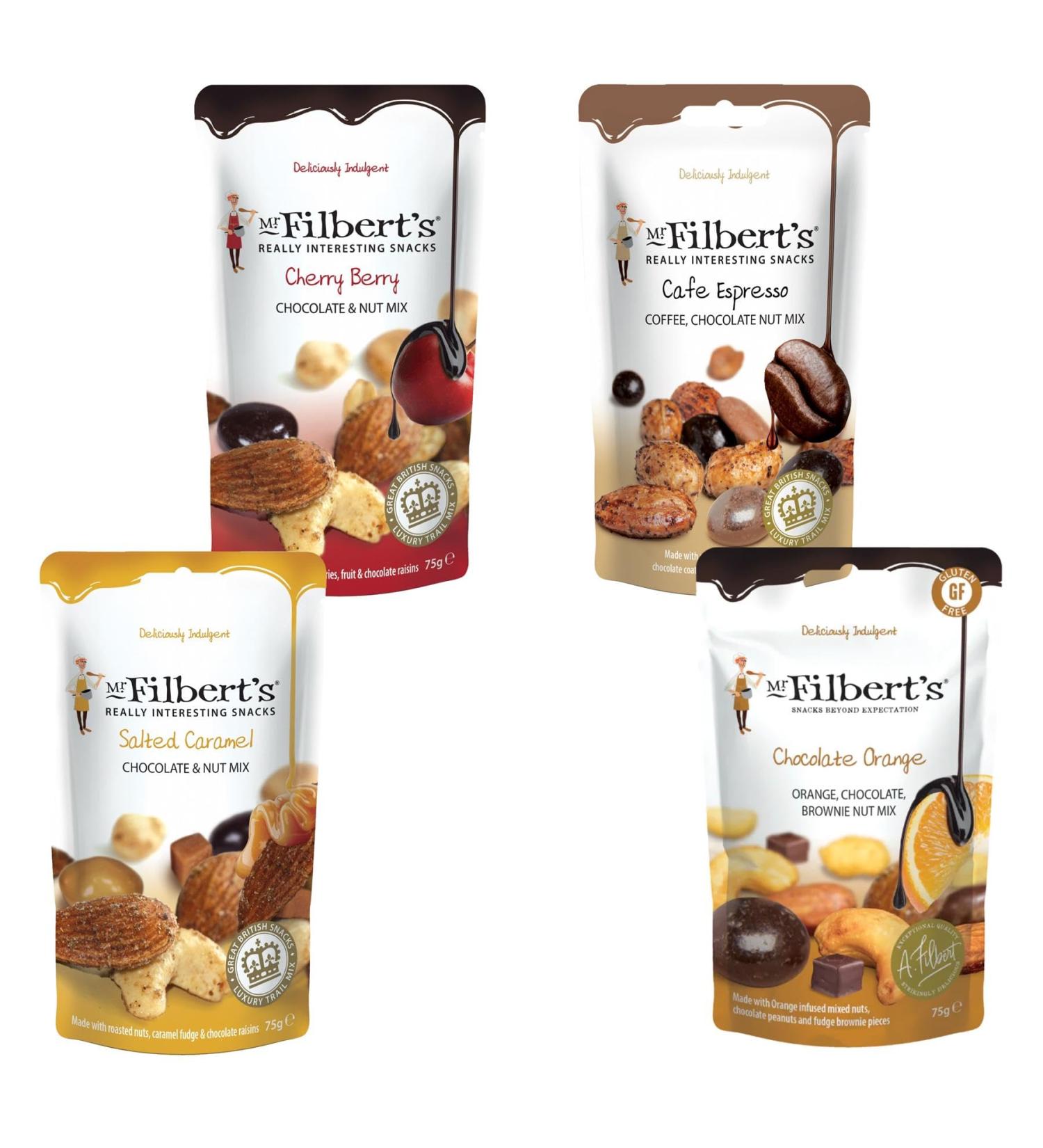 Mr Filberts Chocolate & Nuts 75g Picks N Mix - Choose From Pouch with 4 Flavours - Cherry Berry Salted Caramel Cafe Espresso Coffee Chocolate Orange Nuts - Pack of 2 75 g (Pack of 2) - Buy Online on GoSupps.com