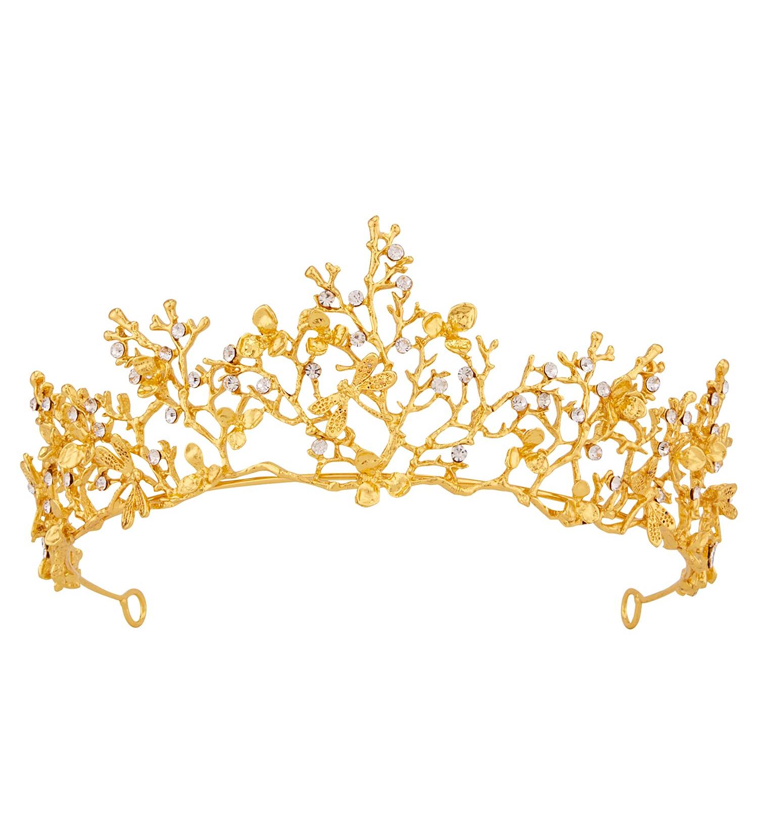 Vofler Gold Crown: Baroque Vintage Dragonfly Flower Tiara for Women - Bridal Queen Princess Headpiece with Coral Crystal Rhinestones - Buy Online on GoSupps.com