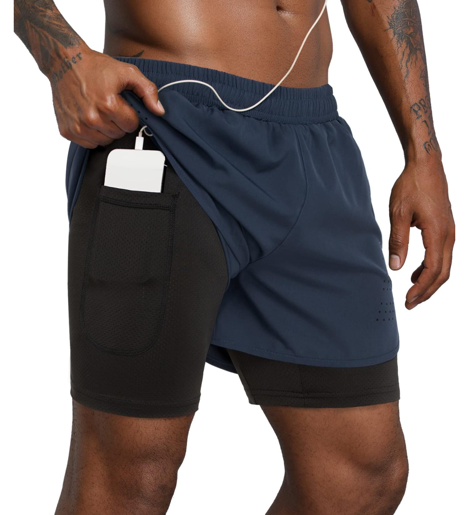 Lulucleaf Men's 2-in-1 Running Shorts with Liner | Small Dark Blue Athletic Workout Shorts - Buy Online on GoSupps.com