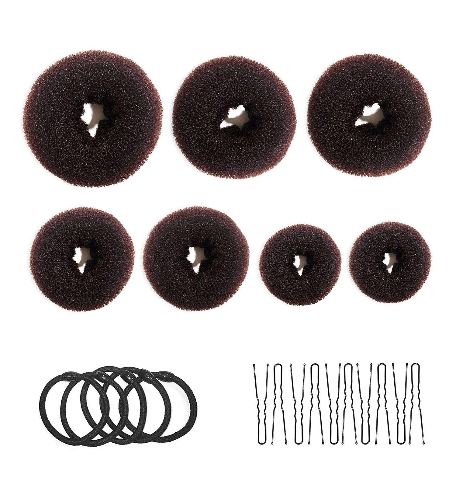 Donut bread maker hair bun maker 7-piece brown ring shape set with 10 U-shaped clips 5 elastic hair ropes. - Buy Online on GoSupps.com