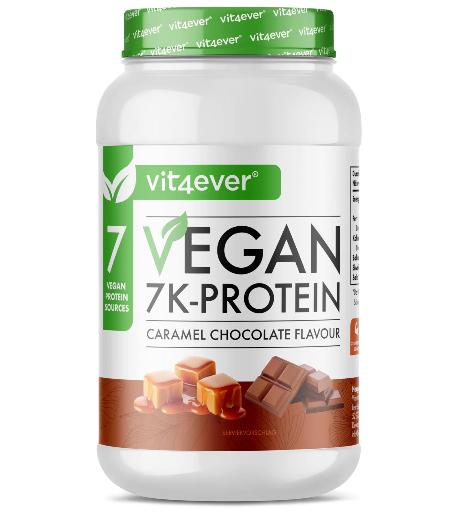 Vegan 7K Protein - 1kg - Caramel Chocolate - Purely Vegetable Protein Powder with Rice Almond Soy Peas Hemp Cranberry an - Buy Online on GoSupps.com
