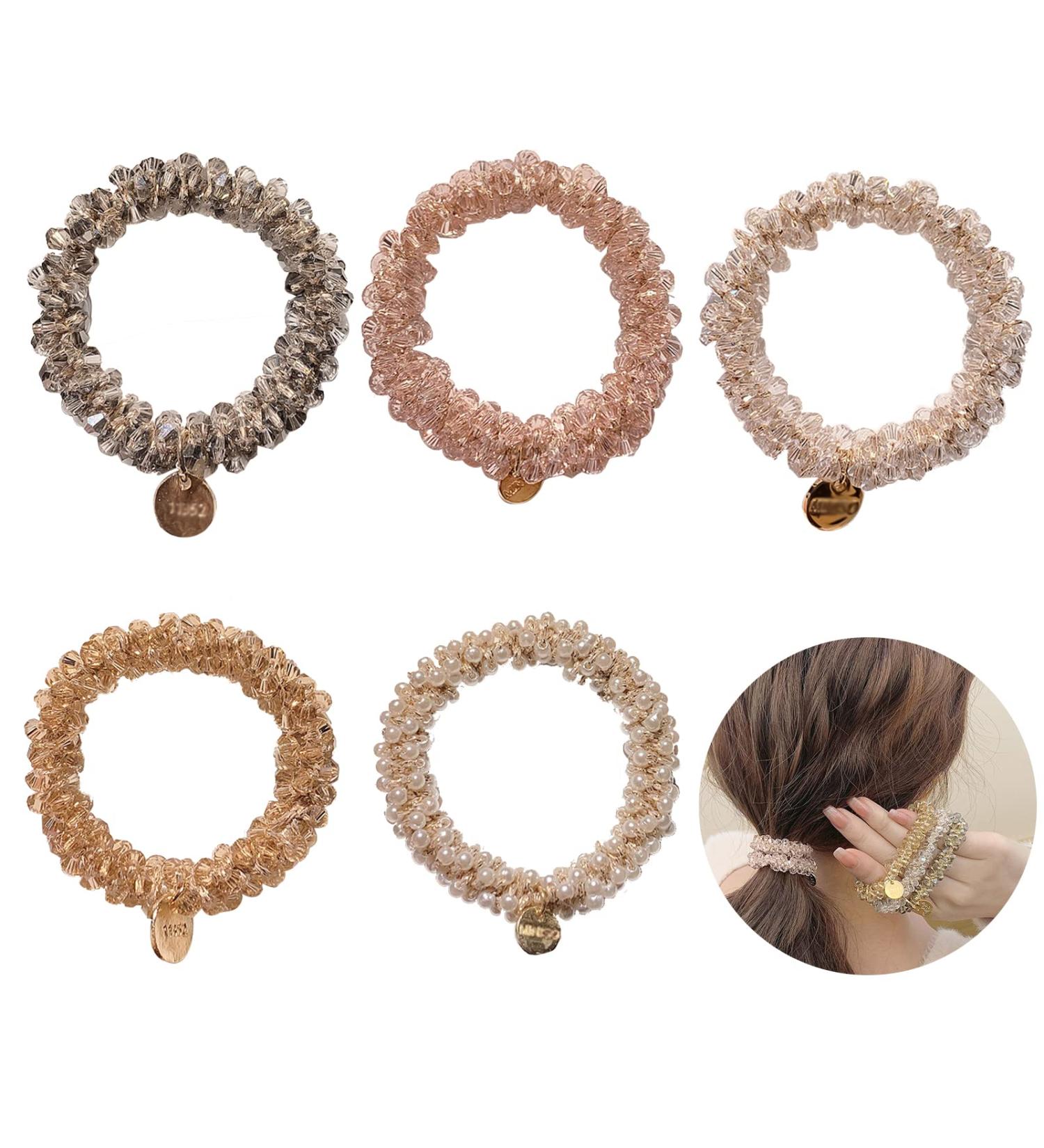 5-Piece Crystal Hair Tie Set with Pearls - Elegant Elastic Hair Jewelry for Women - Buy Online on GoSupps.com
