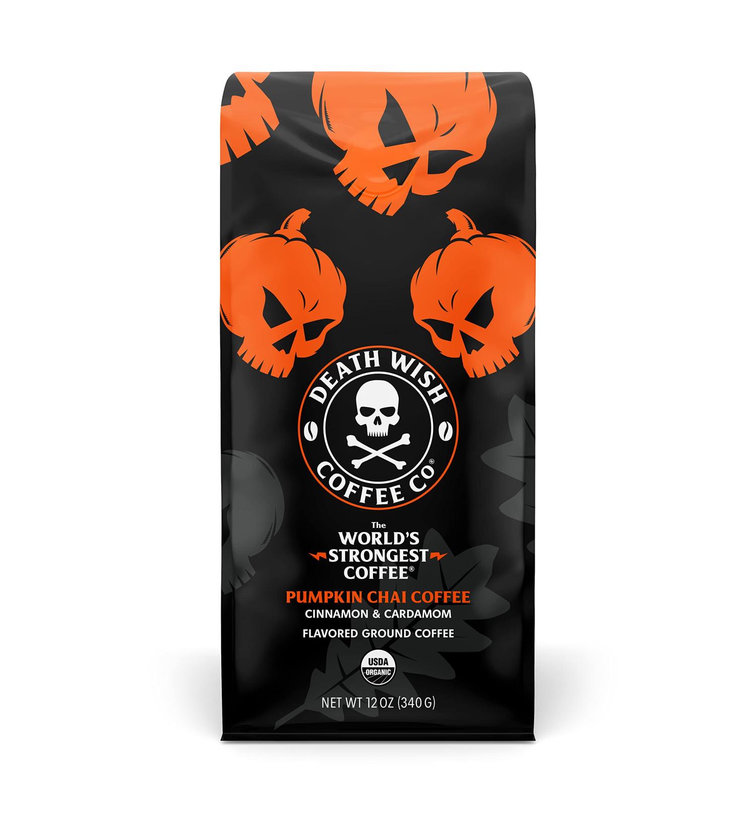 Death Wish Coffee Organic Pumpkin Spice 12 oz - Strongest Fair Trade Arabica & Robusta Blend with Chai & Infused Spices - Pumpkin Chai Flavored - Medium Roast Grounds - Buy Online on GoSupps.com