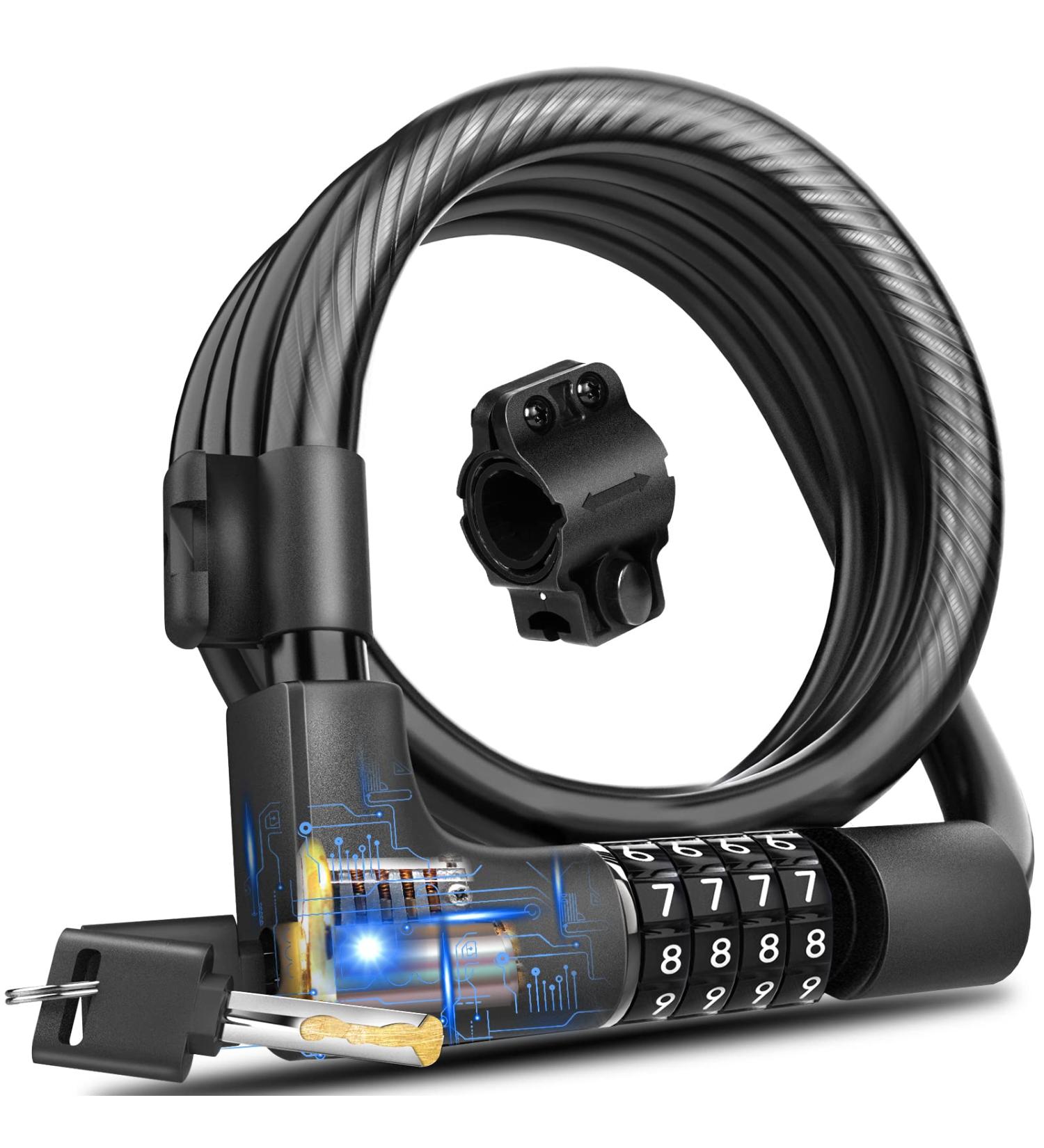 KEYSTP Bike Lock Cable - Combination & Key Password Retrieval - Anti-Theft Coiled Bike Lock with Mounting Bracket - Resettable for Bikes & Scooters - Buy Online on GoSupps.com