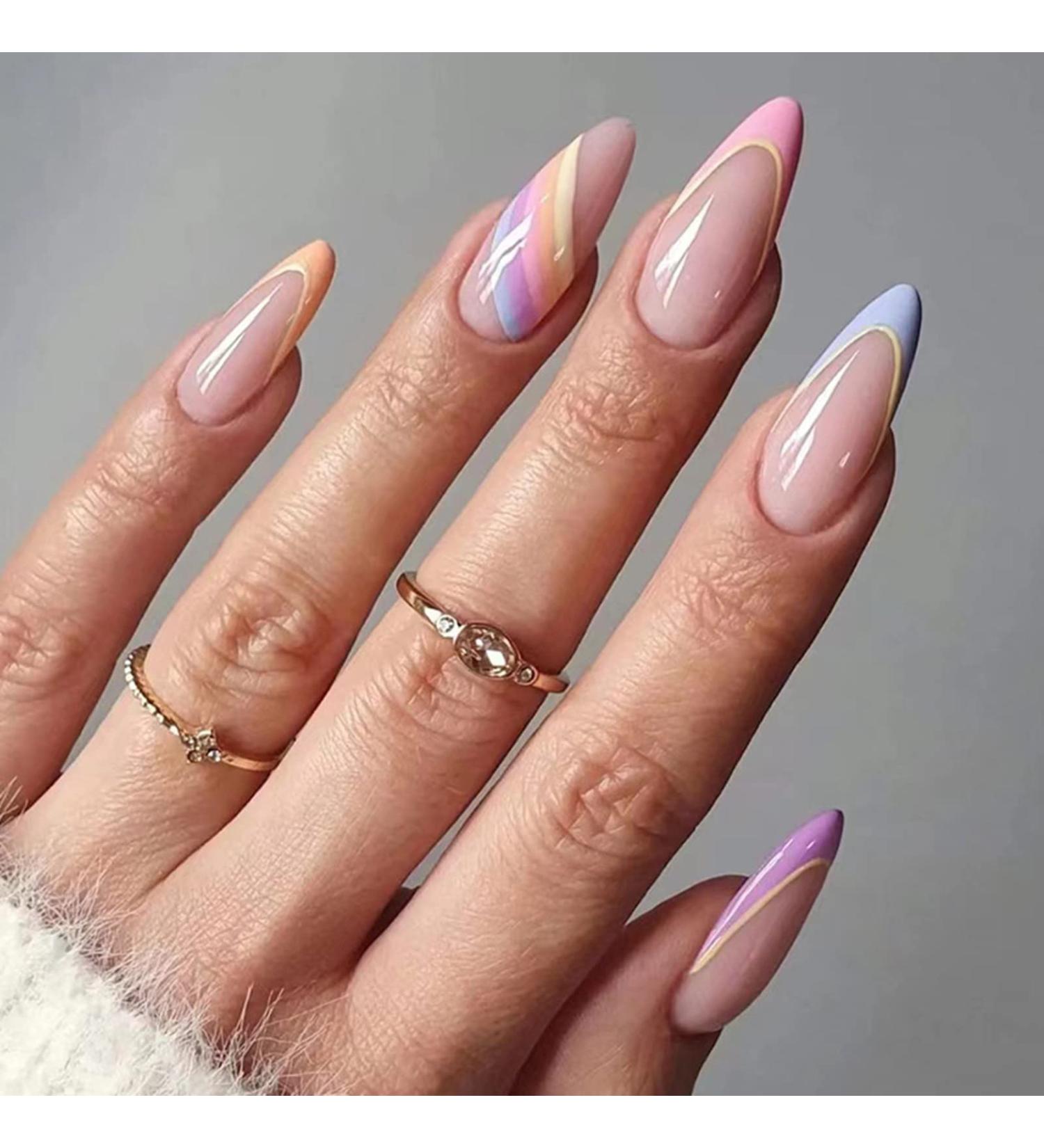 Justotry 24-Piece Almond Press On Nails - Light Rainbow Swirl Acrylic Short French Nails for Women - Easy Stick On Nail Art (Purple & Orange) - Buy Online on GoSupps.com