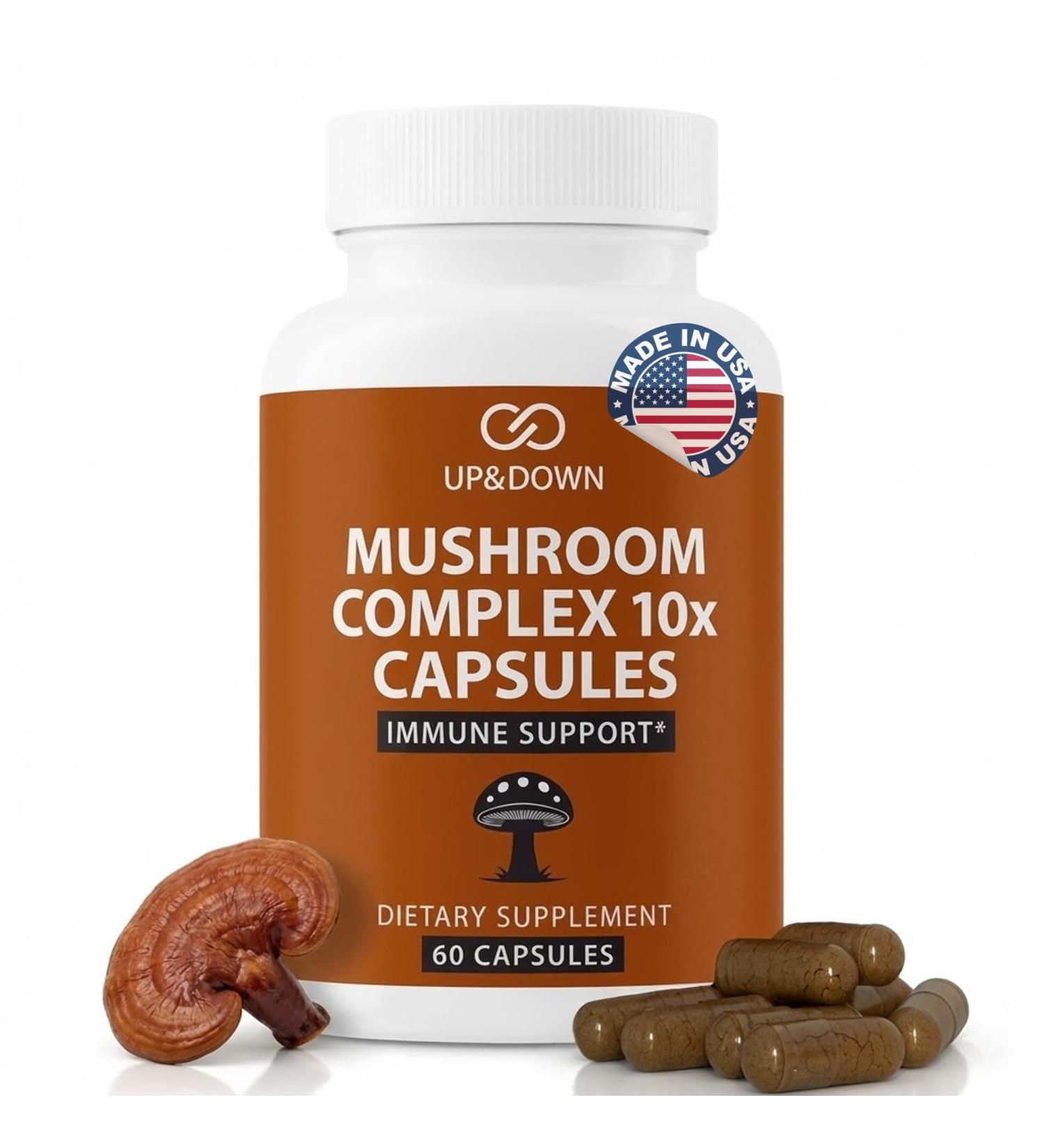 Up&Down Supplements Mushroom Complex 10X | Brain Focus Immune Support Energy & Clarity | Lions Mane Cordyceps Reishi Chaga Turkey Tail Blend | Made in USA | Vegan Non-GMO Gluten Free | 60 Capsules - Buy Online on GoSupps.com