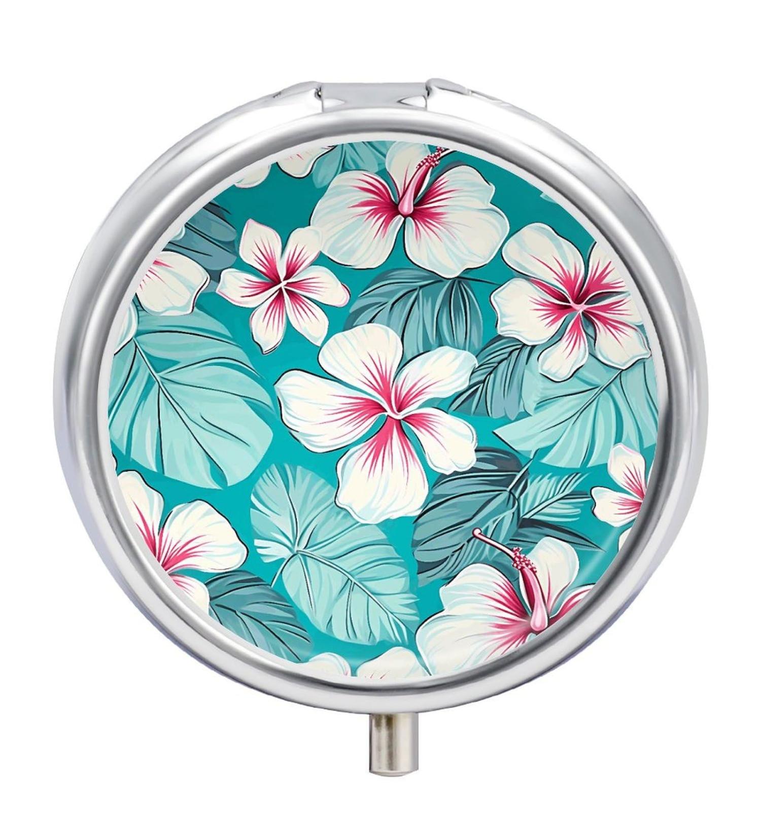 Round Tropical Hibiscus Pill Box - 3 Compartment Decorative Metal Organizer - Portable Pocket Pill Case | Style-34 - Buy Online on GoSupps.com