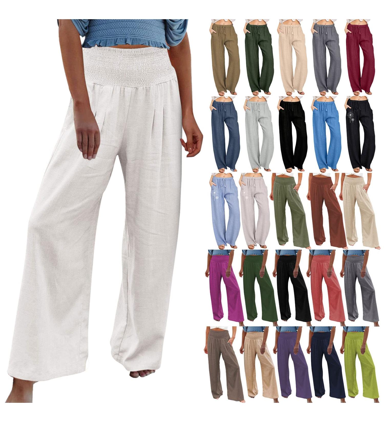 FUAIOKT Linen Wide Leg Beach Palazzo Pants for Women - High Waisted, Casual, Flowy, Smocked Lounge Trousers | S-5XL | A-White - Small - Buy Online on GoSupps.com