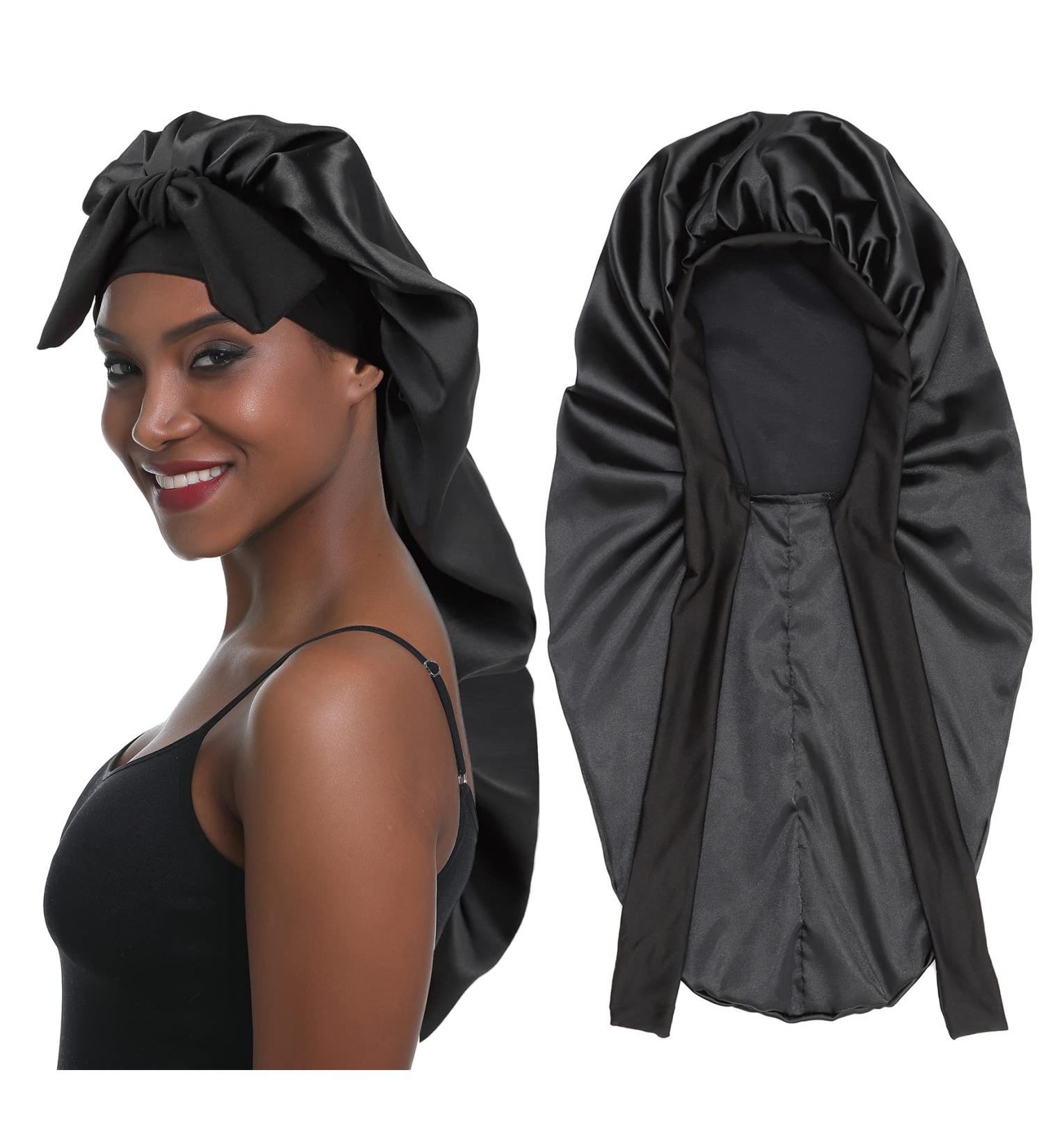 Sengterm Long Satin Hair Hood - Silky Adjustable Sleeping Hat for Women | Extra Big Satin Sleep Cap for Long Curls | L-XL Black - Buy Online on GoSupps.com