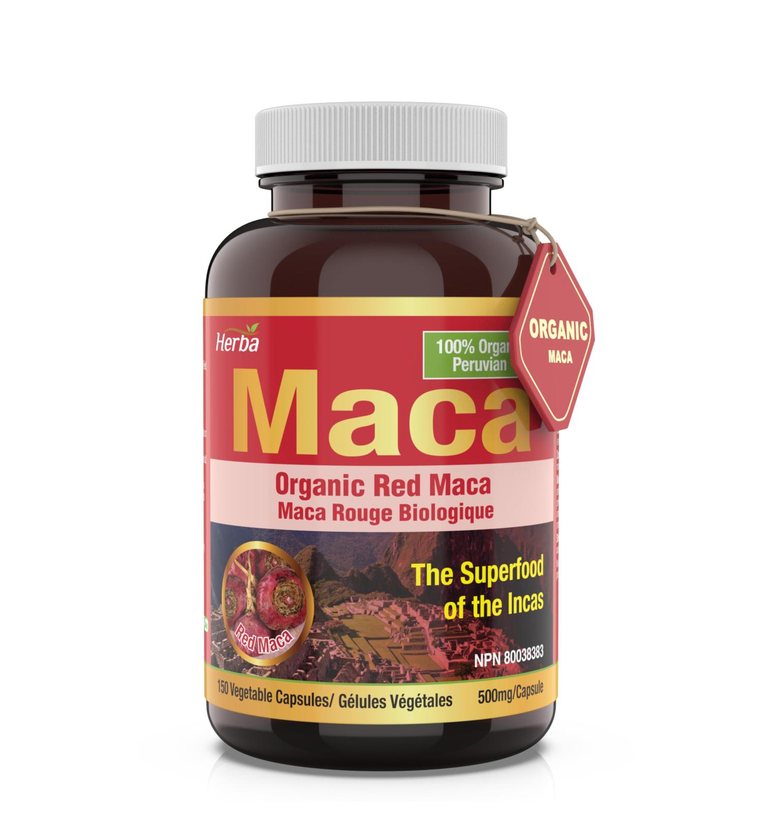 Herba Organic Red Maca Root for Women 500mg - 150 Capsules | Sourced from Peru | Red Maca for Women & Men | Made in Canada - Buy Online on GoSupps.com