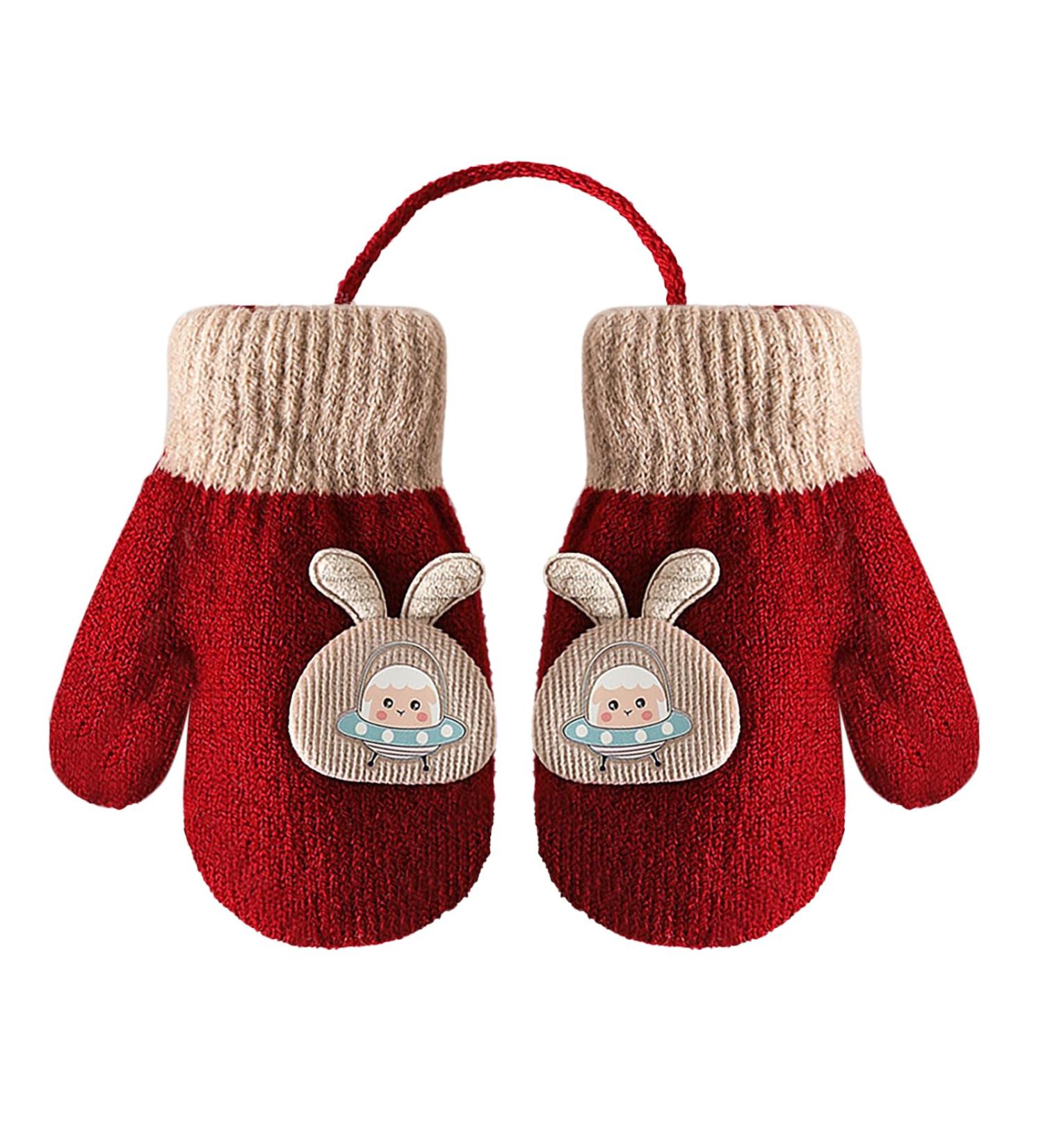 Kids Cute Fox Knitting Full Finger Gloves - Winter Thermal Lining, 1-3 Yrs - Cartoon/Red - Buy Online on GoSupps.com