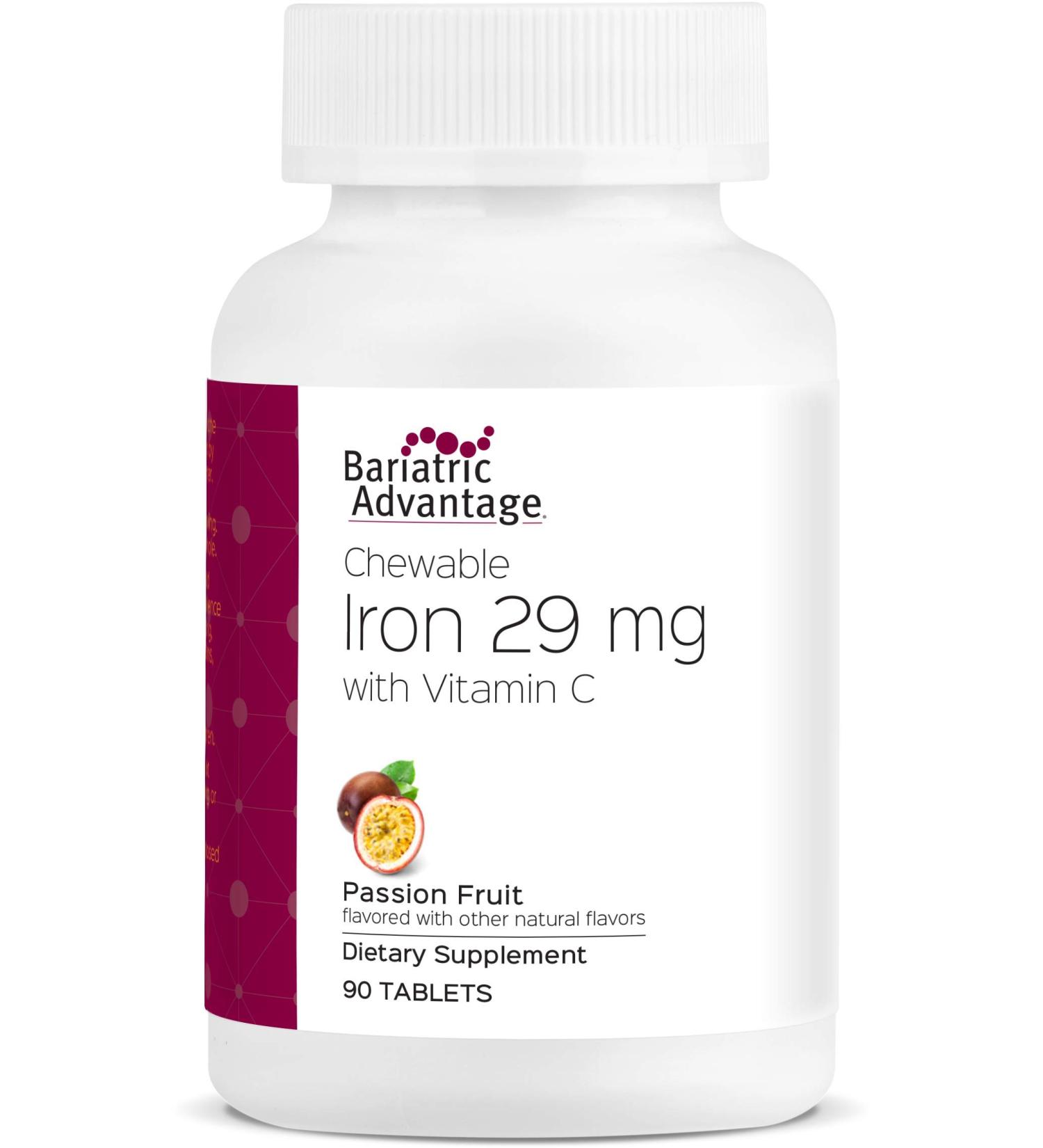 Bariatric Advantage Chewable Iron 29 mg with Vitamin C for Increased Absorption and Utilization Easily Digestible for Gastric Bypass and Sleeve Gastrectomy Surgery Patients - Passion Fruit 90 Count 90 Count (Pack of 1)