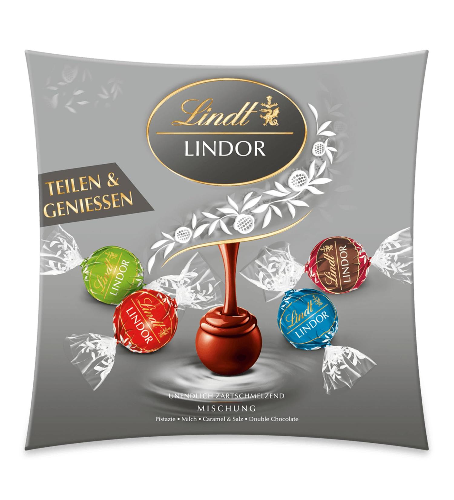 Lindt Chocolate Lindor Sharing Silver 250g | 20 Delicious Truffles in Milk Caramel & Salt Pistachio Double Chocolate | Perfect Chocolate Gift & Sharing Pralines Mix - Buy Online on GoSupps.com