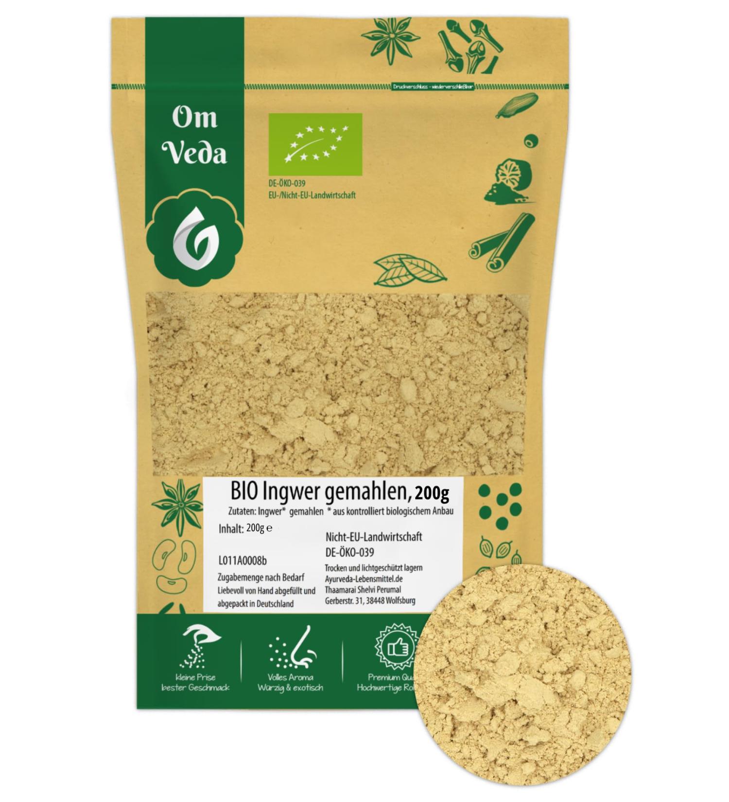 Organic Ginger Powder 200g - Premium Ground Ginger Root | DE- KO-039 Quality | Buy Organic Ginger Powder Online | OmVeda - Buy Online on GoSupps.com