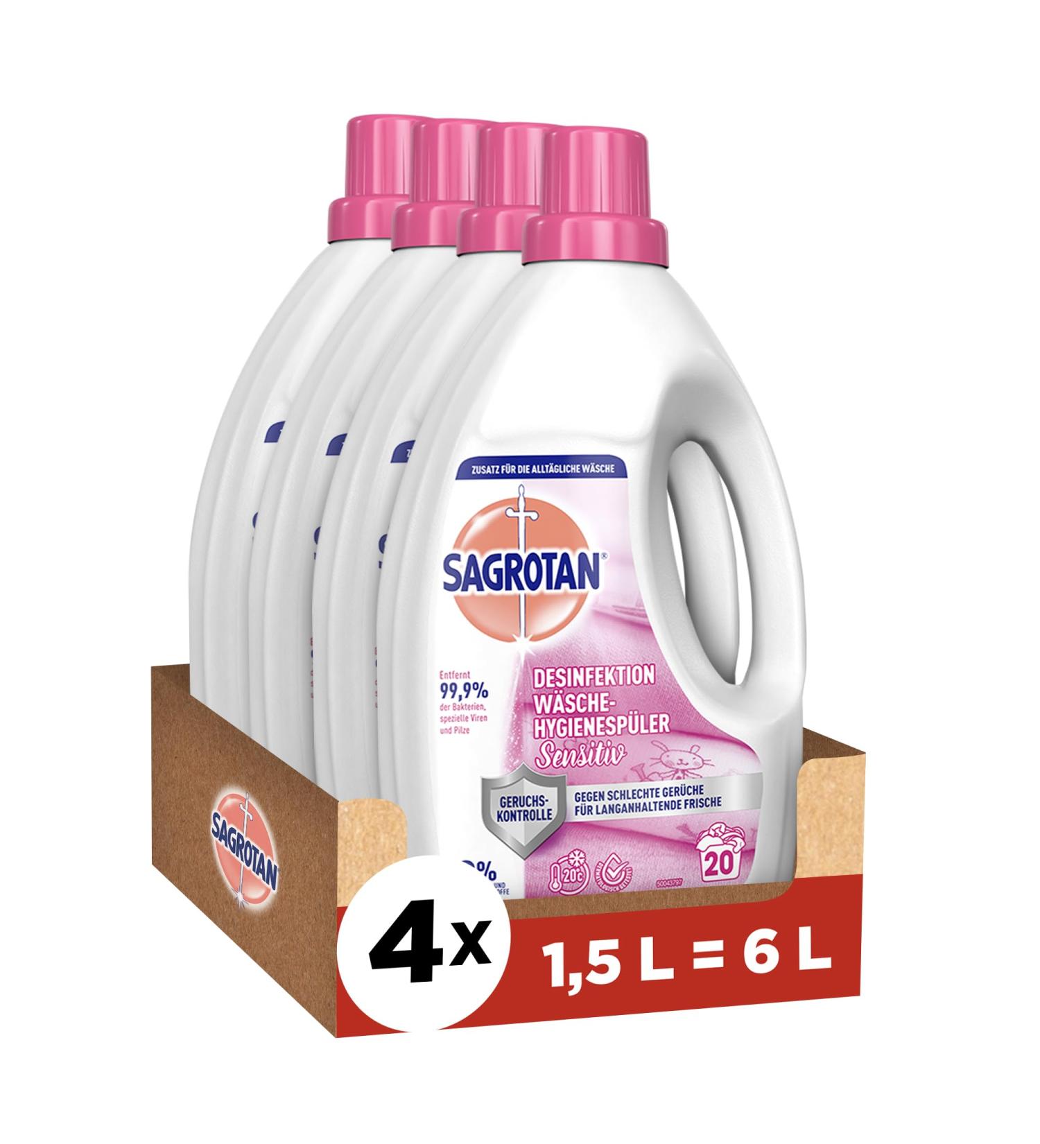 Sagrotan Laundry Hygiene Disinfectant 0% Fragrance & Color - 4 x 1.5L Cleaner for Sensitive Skin - Hygienically Clean & Fresh - Buy Online on GoSupps.com