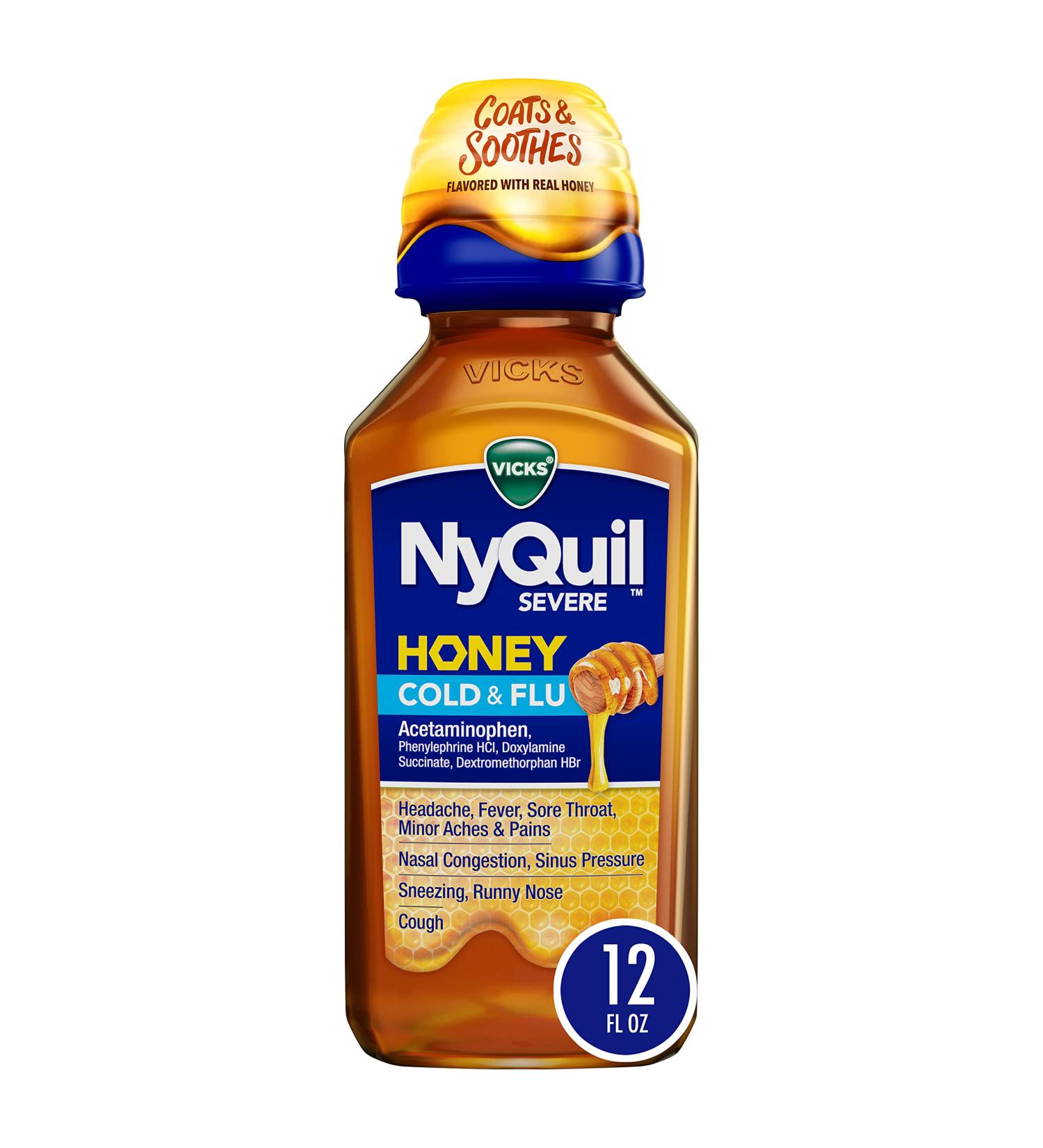 Vicks NyQuil Severe Honey Cold and Flu Medicine 12 Oz - Maximum Strength Relief for Cough, Sore Throat, Fever, and Congestion - Buy Online on GoSupps.com