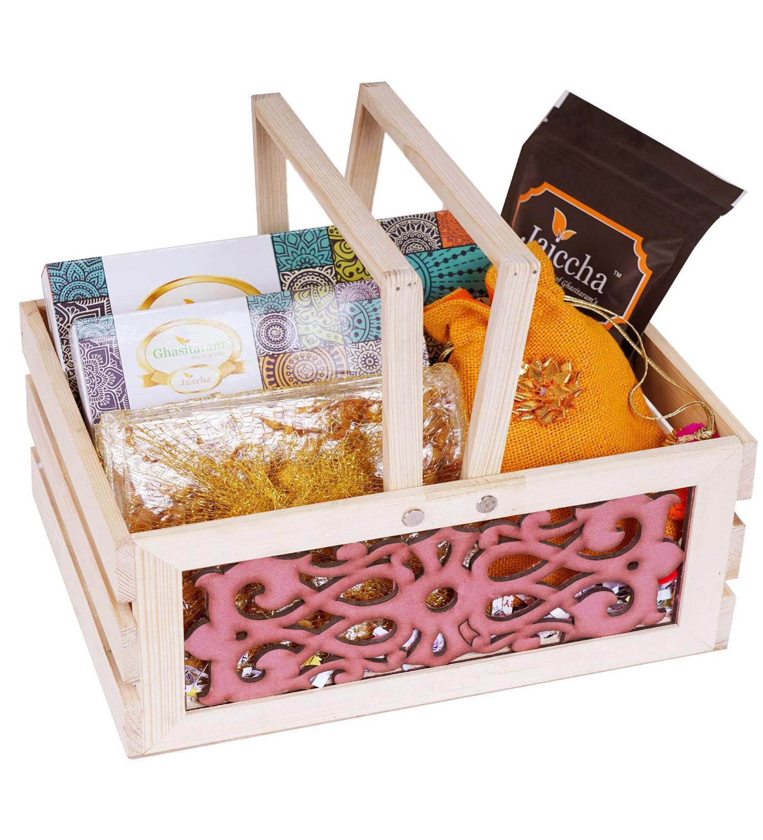 Ghasitaram Gifts Lohri Gifts Lohri Sweets Gachak Hampers Lohri Wooden Lazer Basket - Buy Online on GoSupps.com