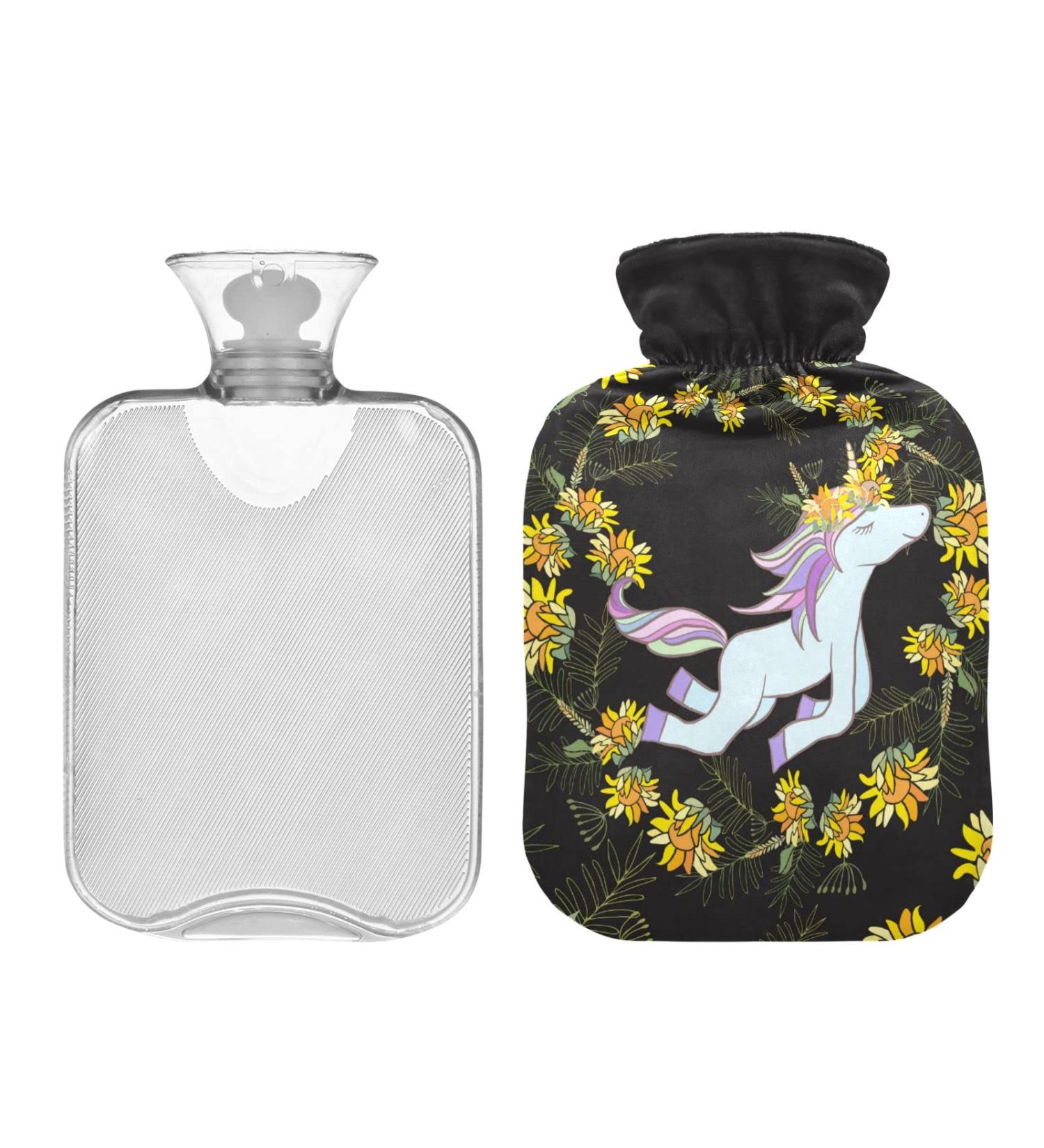 Hot Water Bottle 2L with Lid - Retro Flowers & Unicorn Design | Pain Relief Hand & Feet Warmer for Winter - Buy Online on GoSupps.com