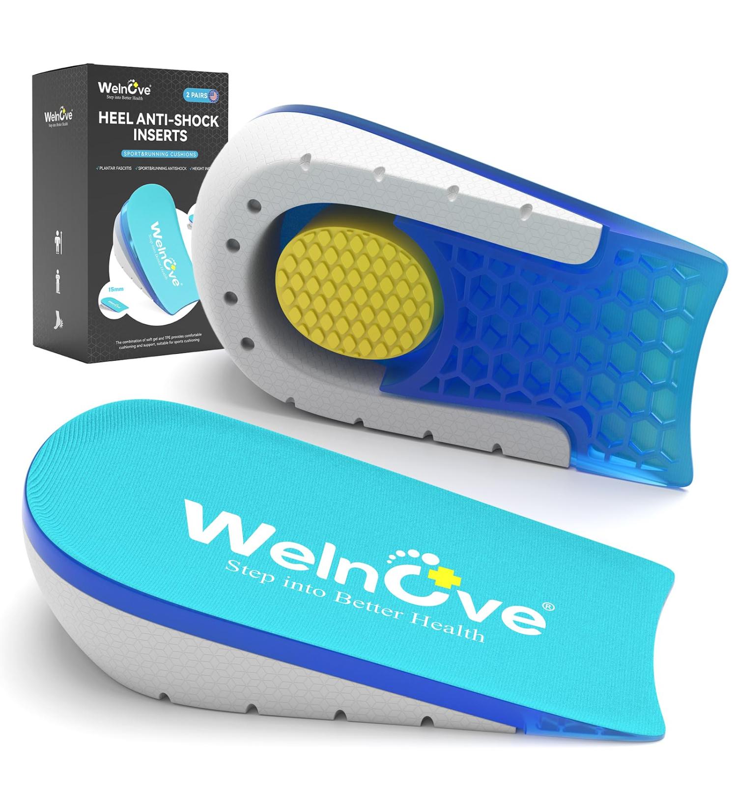 Welnove Gel Heel Cushion Inserts | Achilles Tendonitis & Plantar Fasciitis Relief | Heel Pain Support for Men & Women | 0.6 & 1 Inch Height Lift | 2 Pairs - Buy Online on GoSupps.com
