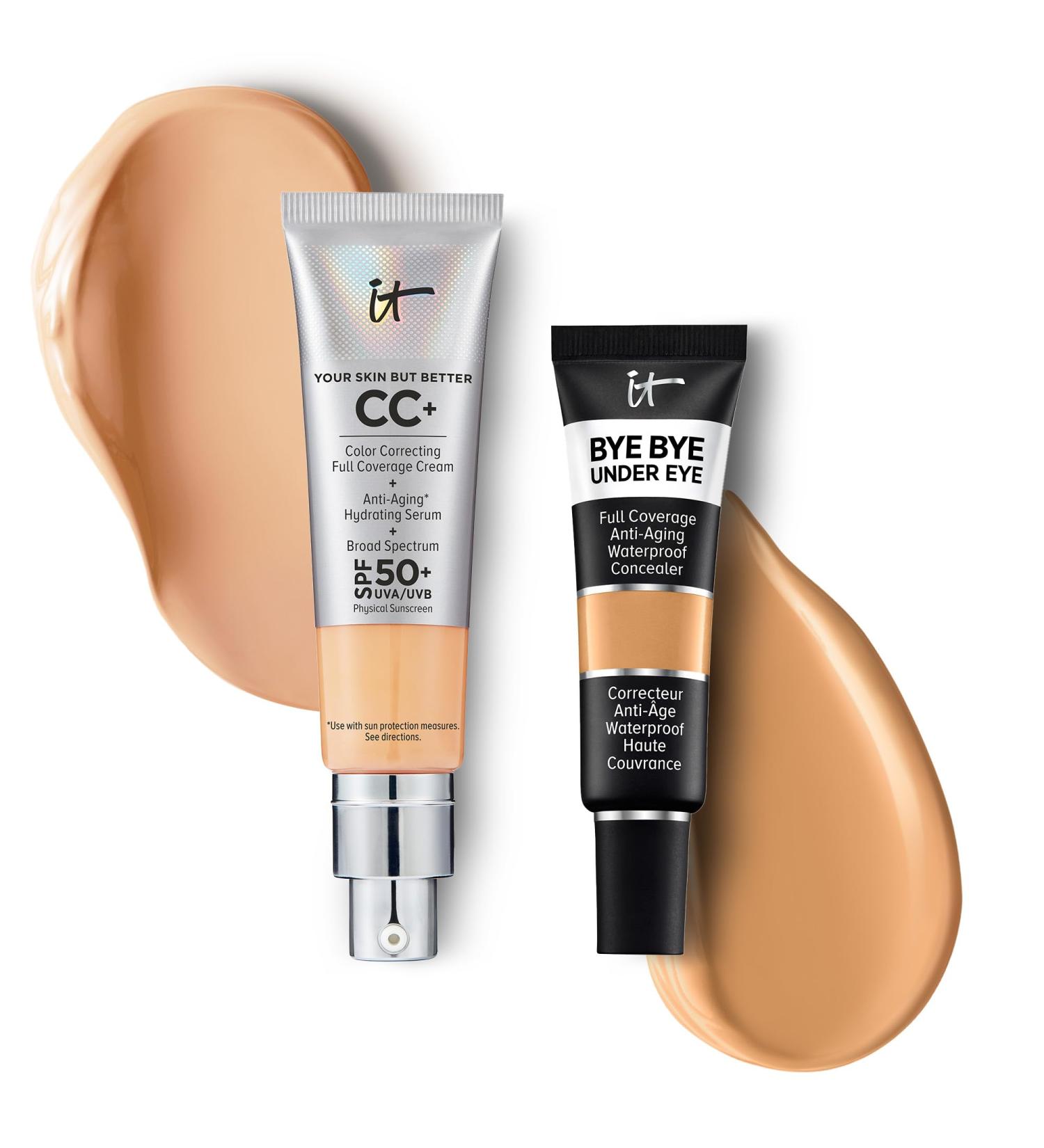 IT Cosmetics CC+ Cream with SPF 50+ Natural Finish Full Coverage Foundation (Neutral Medium - 1.08 fl oz) & Bye Bye Undereye Concealer Anti-Aging Makeup (23.5 Medium Amber - 0.4 fl oz) - Buy Online on GoSupps.com