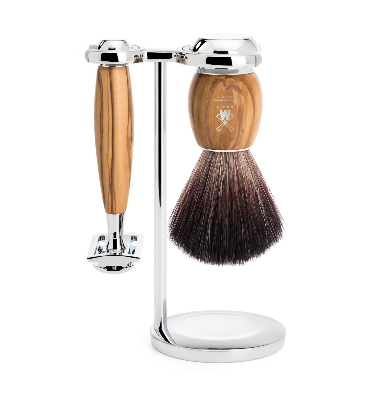 M HLE Vivo Shaving Set - Vegan Black Fibre Brush Safety Razor & Olive Wood Stand - Premium Grooming Accessories - Buy Online on GoSupps.com