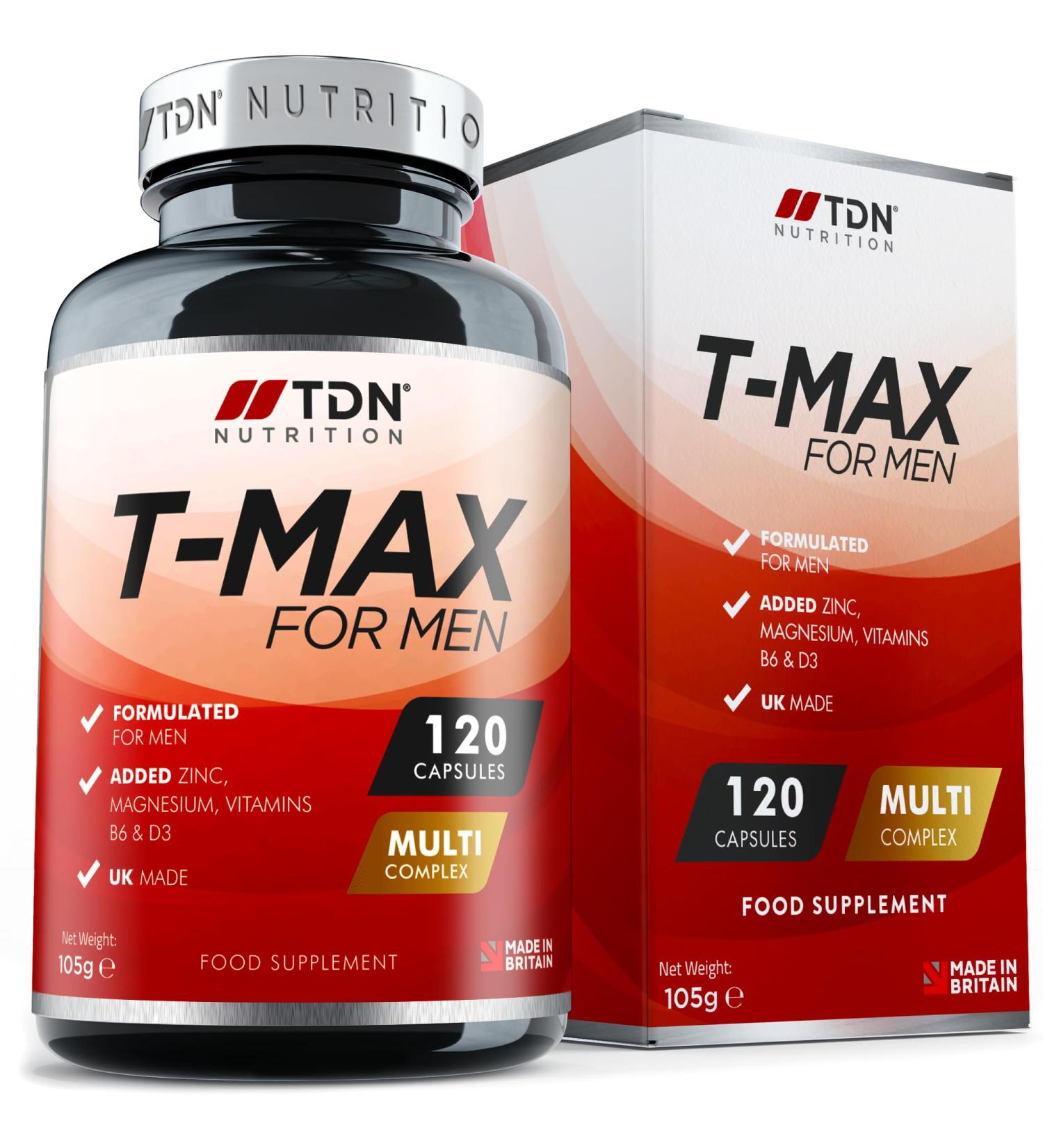 T-MAX for Men - 120 T-Booster Capsules - UK Formulated Premium Supplement - Ingredients Contribute to Normal Testosterone Levels & Reduction in Fatigue - Multi-Complex Formula