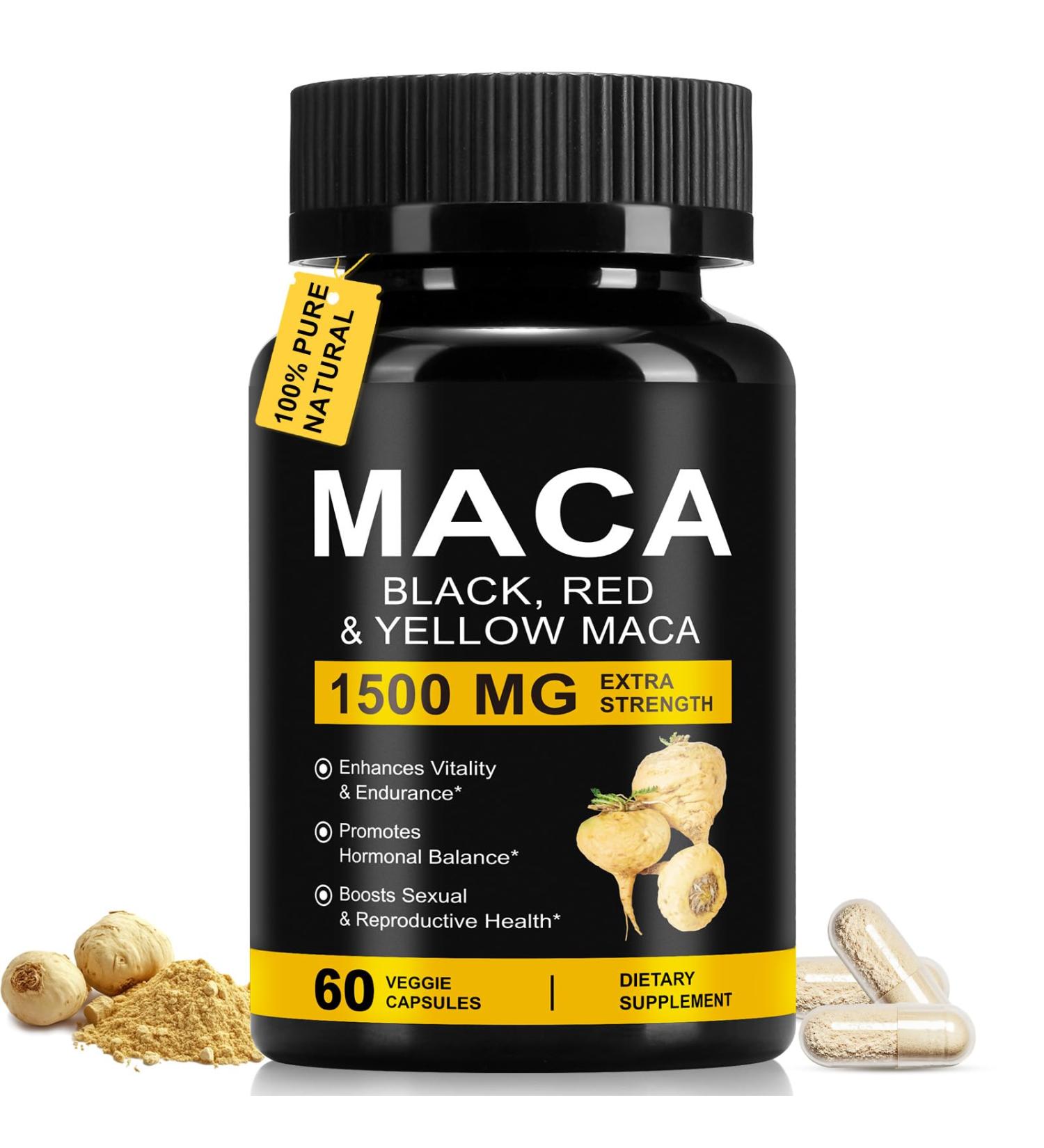 Daiasns Organic Maca Root Powder Capsules 1500 mg with Black + Red + Yellow Peruvian Maca Root Extract Supplement for Men and Women - 60 Vegan Capsules - Buy Online on GoSupps.com
