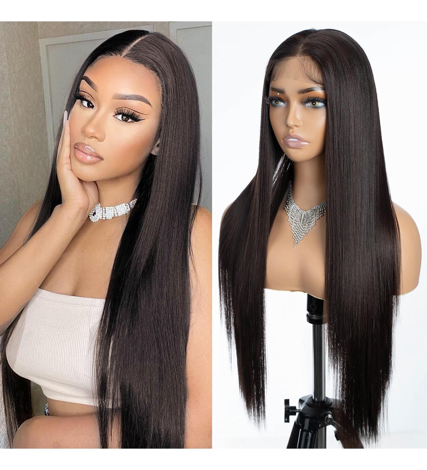 Joedir 13x4 Lace Front Wig - Long Straight Synthetic Hair for Black Women | Light Yaki Hair with Baby Hair & Free Parting | 76 cm F5/6A - Buy Online on GoSupps.com