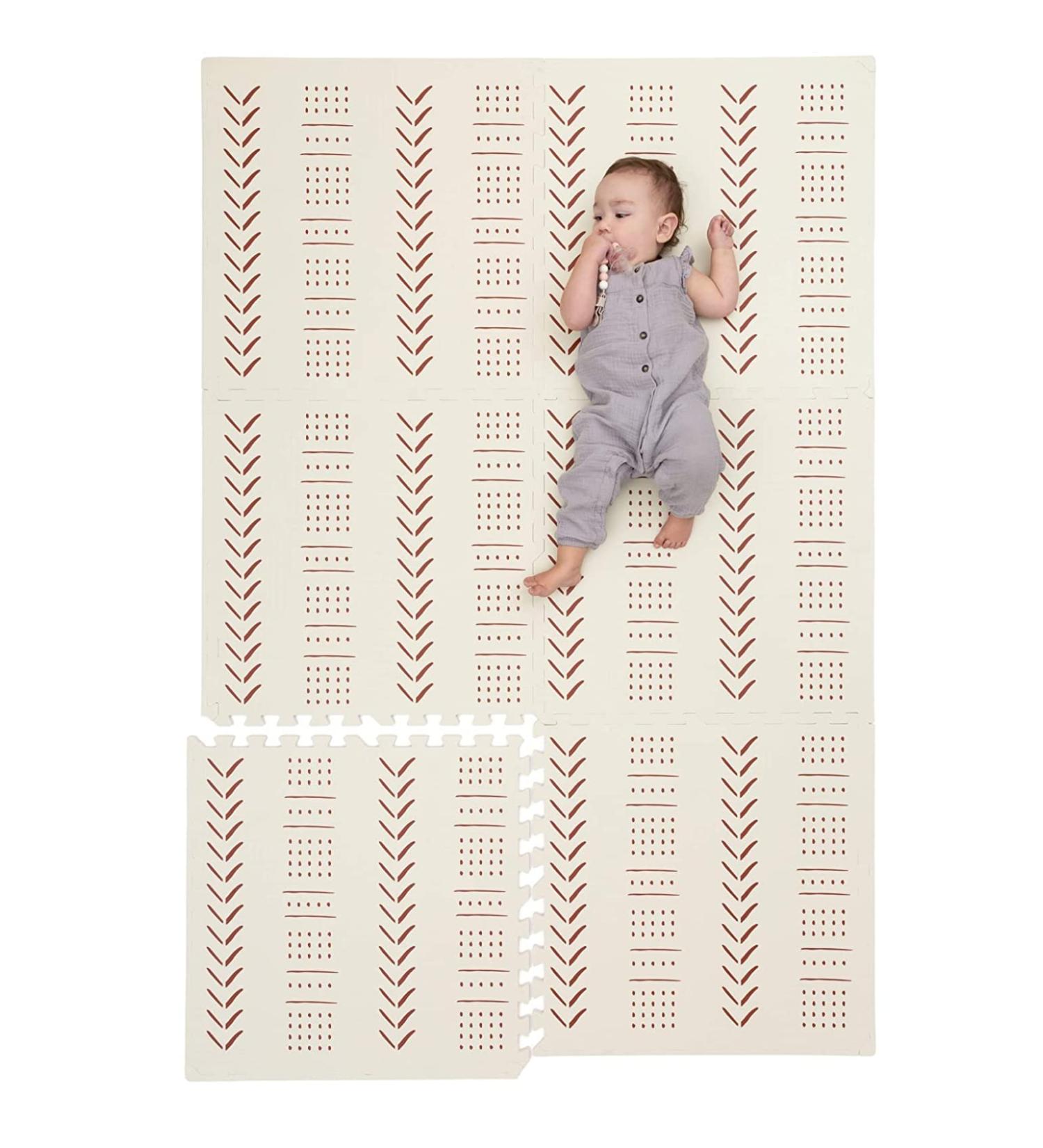 Childlike Behavior Baby Play Mat - Extra Large Non-Toxic Foam Play Mat 72x48 Inches - Beige Mudcloth Design for Infants, Toddlers, and Kids - Buy Online on GoSupps.com