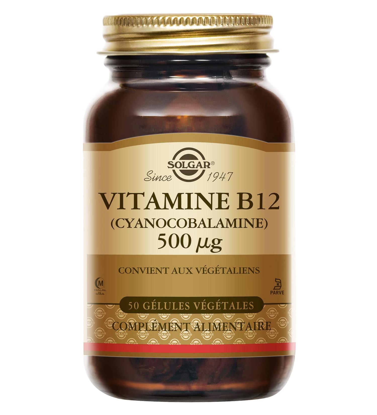 Solgar Vitamin B12 (Cyanocobalamin) 500 g - Vitality and energy - Helps reduce fatigue - Vegan - Vitamins - Food supplement - Bottle of 50 vegetable capsules - Buy Online on GoSupps.com