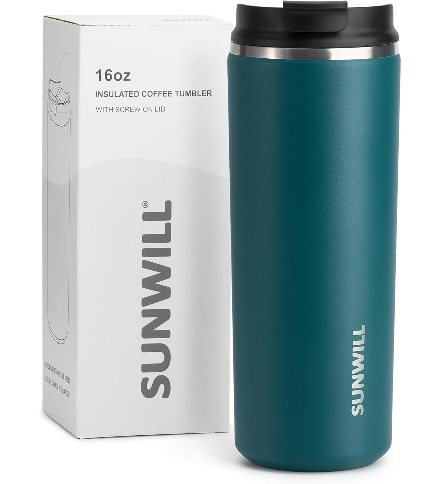 SUNWILL Coffee Cup Travel Mug, Thermal Mug with Leakproof Lid, 470ml Insulated Coffee Flask, Stainless Steel, Cupholder Friendly, Peacock Blue - Buy Online on GoSupps.com