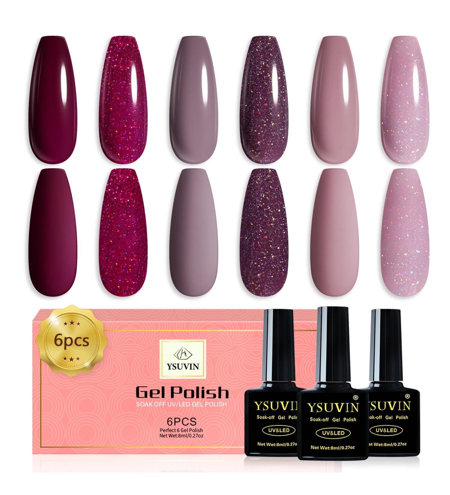 Yueshop Gel Nail Polishes Set - 6 Colours: Brown, Burgundy, Red, Nude, Pink, Glitter - Soak Off UV LED Nail Lamp Kit for Store or Daily DIY Use (8ml) - Buy Online on GoSupps.com