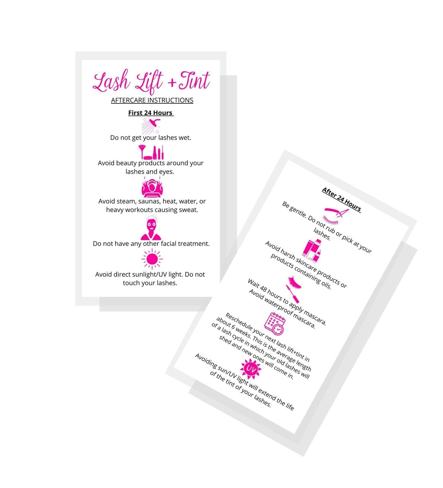 Lash Lift + Tint Aftercare Instruction Cards - 50 Pack, 2x3.5 inches, DIY Eyelash Kit Supplies, White/Pink Design - Buy Online on GoSupps.com
