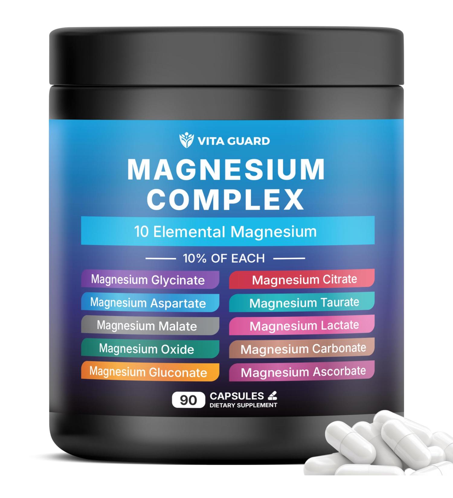 Vita Guard Magnesium Complex 1480mg 10-in-1 with Glycinate Citrate Malate & More High Absorption Sleep Muscle Nerve & Heart Support 90 Vegan Capsules Non-GMO Gluten-Free No Sugar - Buy Online on GoSupps.com