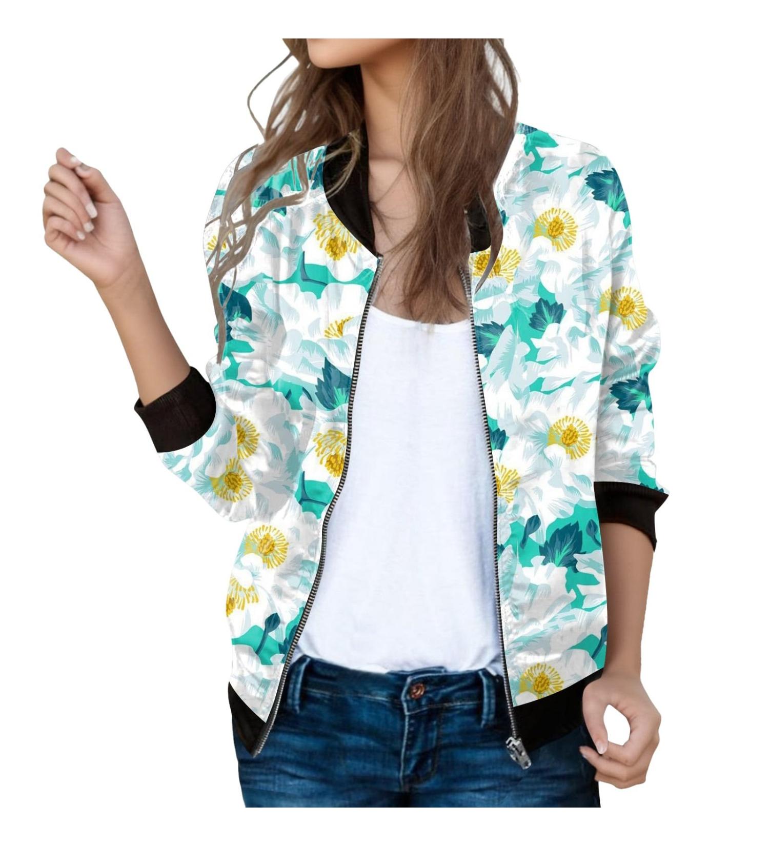 Women's Light Bomber Jacket with Flower Pattern | Casual Aviation Zipper Outwear | Mint Green XL - Buy Online on GoSupps.com