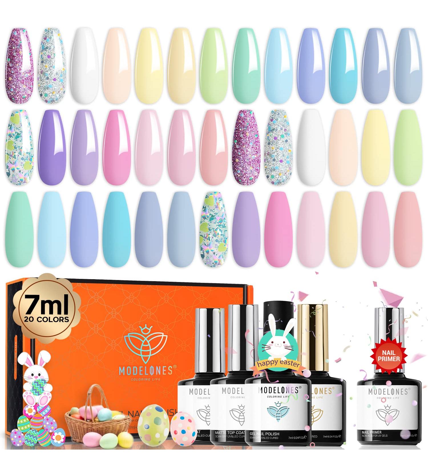 Modelones Gel Nail Polish Kit 24Pcs - Pastel Spring 20 Colors 7ML Glitters | Macarons Girly Collection - Gel Polish Set with Top/Base Coat | Manicure Kit for Women and Girls - Buy Online on GoSupps.com
