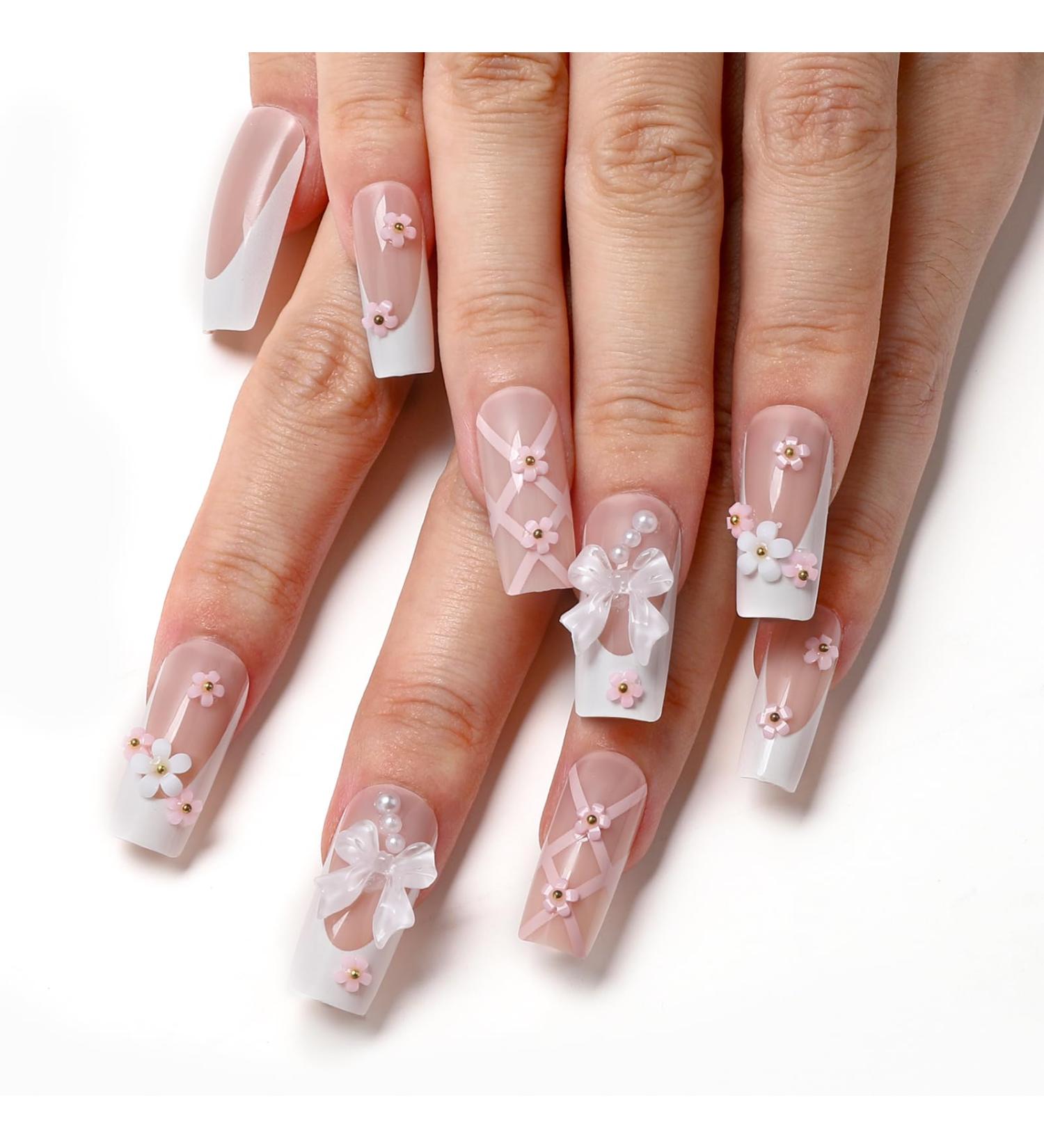 Press on Nails Medium Rhinestone - PITHER 24pcs Pink Fake Nails with 3D Flower Designs & Charms | Full Cover Square False Nails for Women and Girls - Buy Online on GoSupps.com